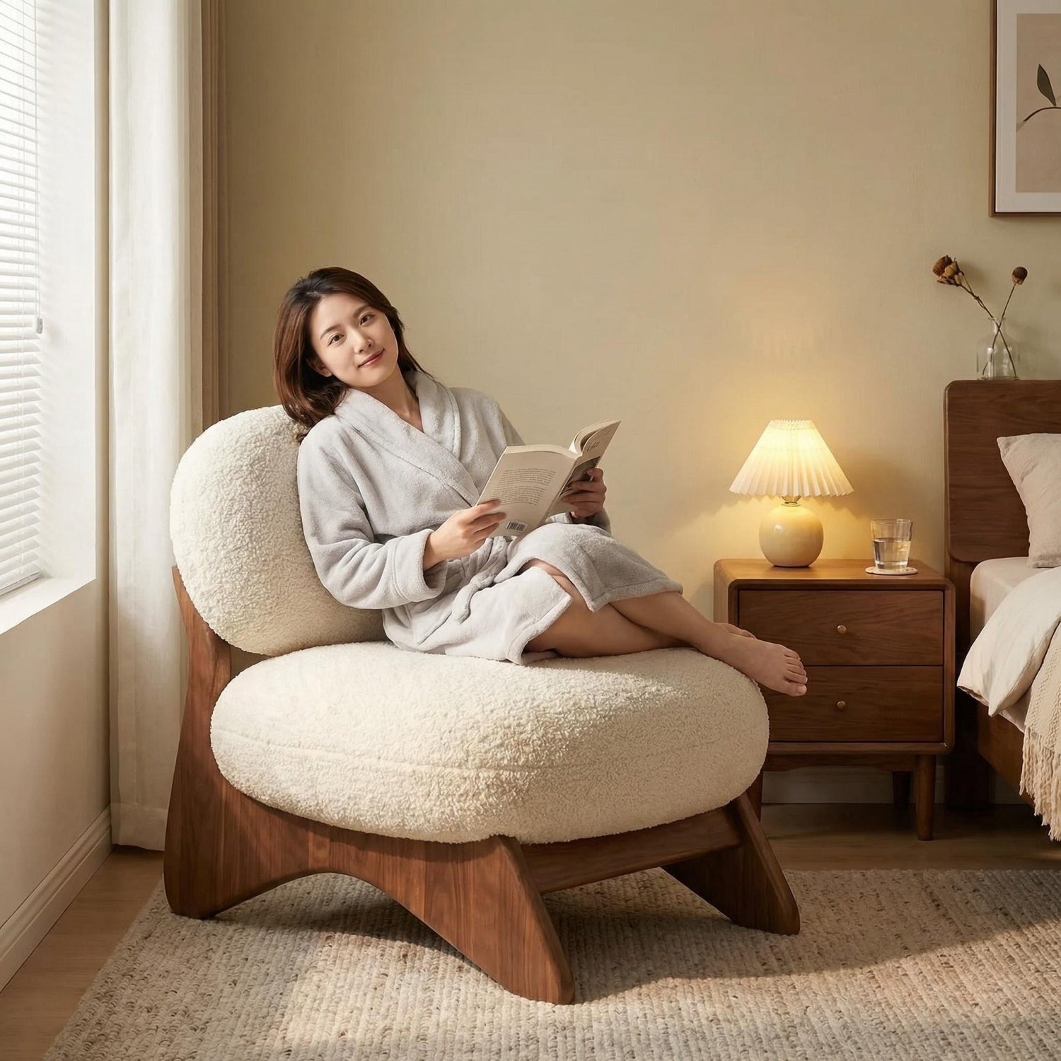 AAF Sherpa Fleece Accent Chair Off White Walnut Legs UAE
