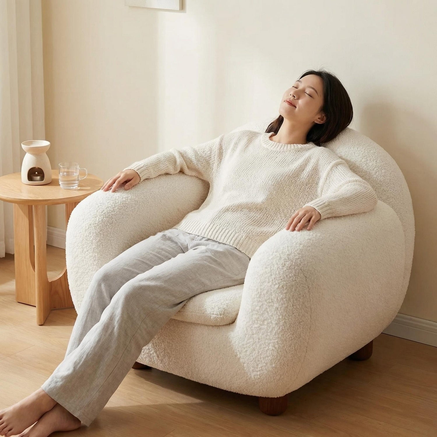 AAF Sherpa Fleece Accent Chair Rounded Off White Walnut Feet UAE