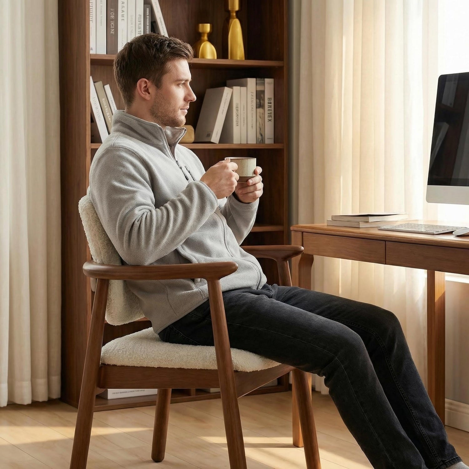 AAF Wood Frame Sherpa Chair Cream - Arc Armrest Dining Accent UAE