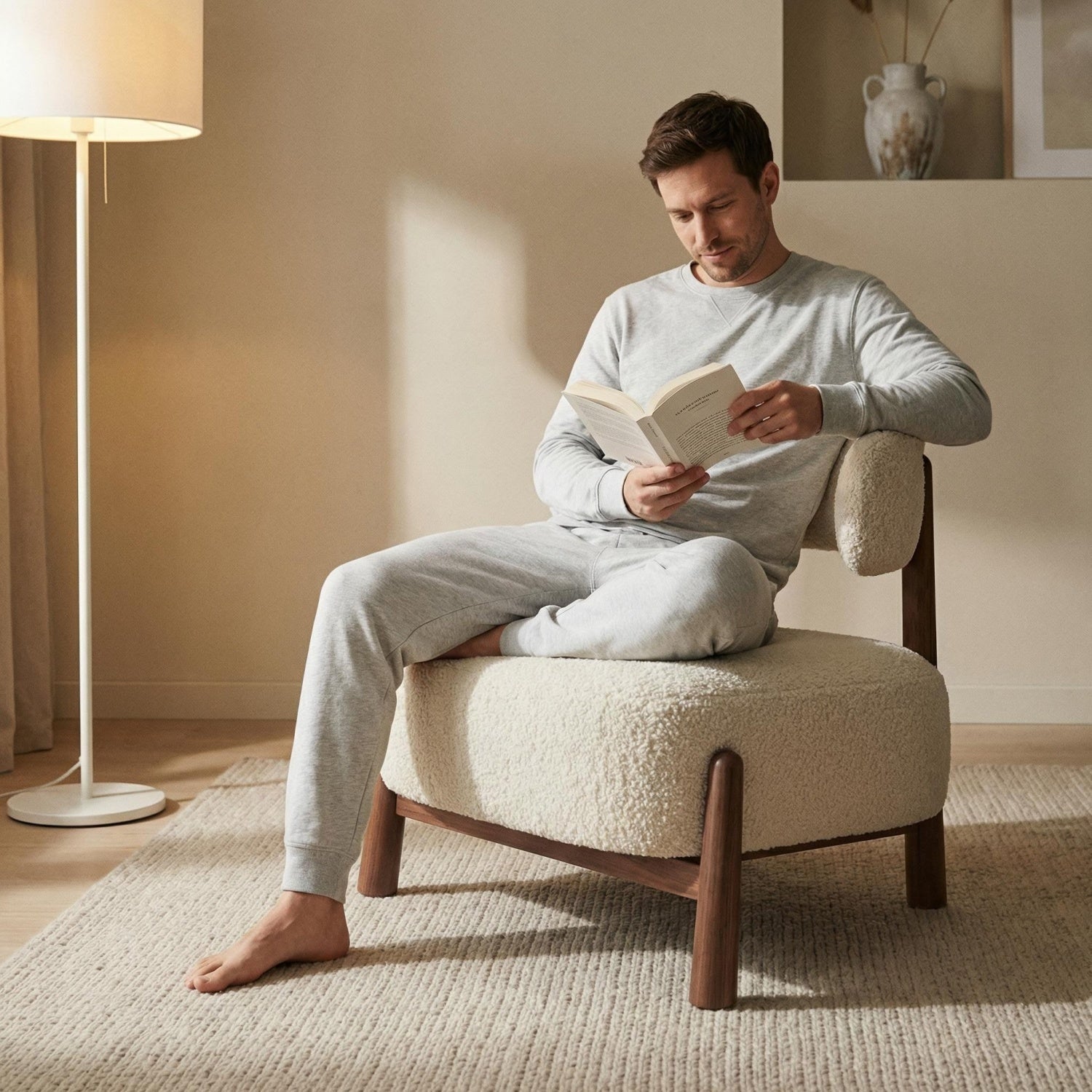 AAF Sherpa Fleece Armchair Walnut Wood Frame Off White UAE
