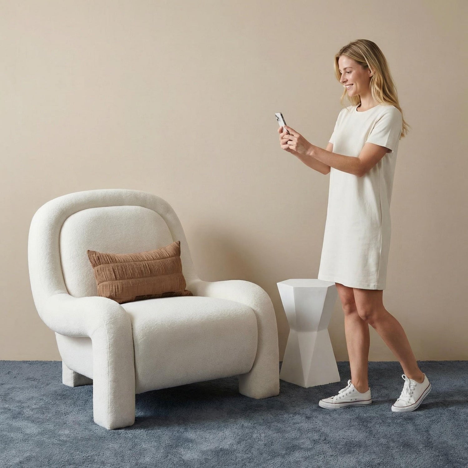AAF Sherpa Fleece Armchair Arc Armrest Off White with Cushion UAE