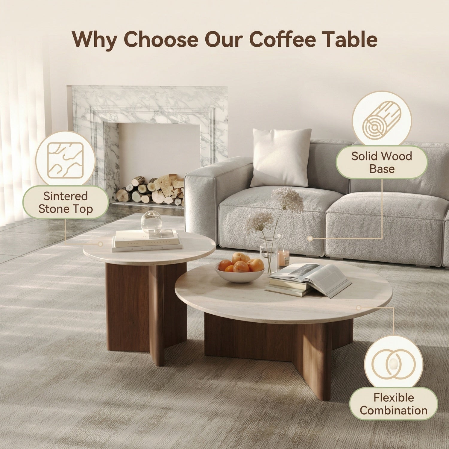 AAF Travertine Stone Coffee Table Walnut Arc Base & Cylinder 2-Piece UAE