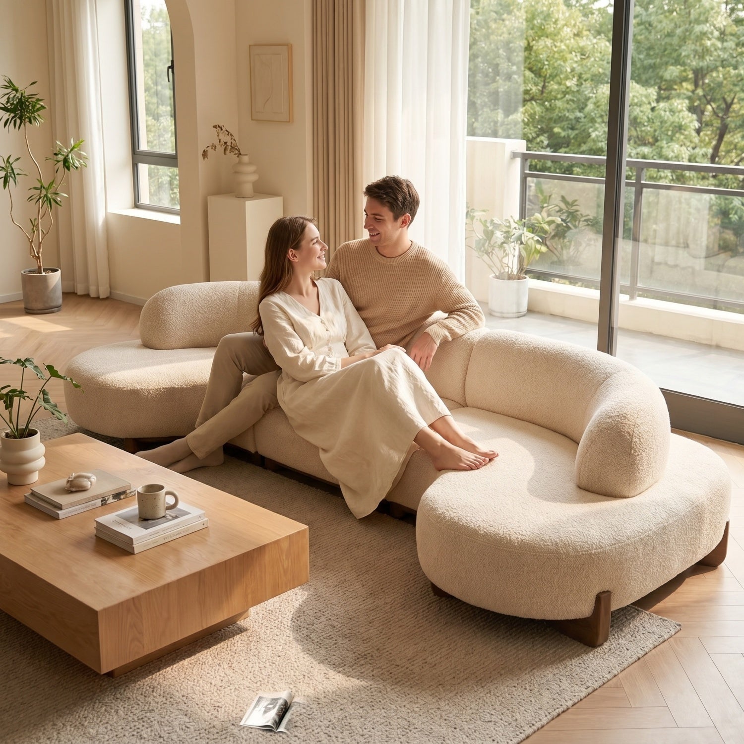 AAF Sherpa Arc Sofa Cream Walnut Wood Legs 4-6 Seat Japandi UAE