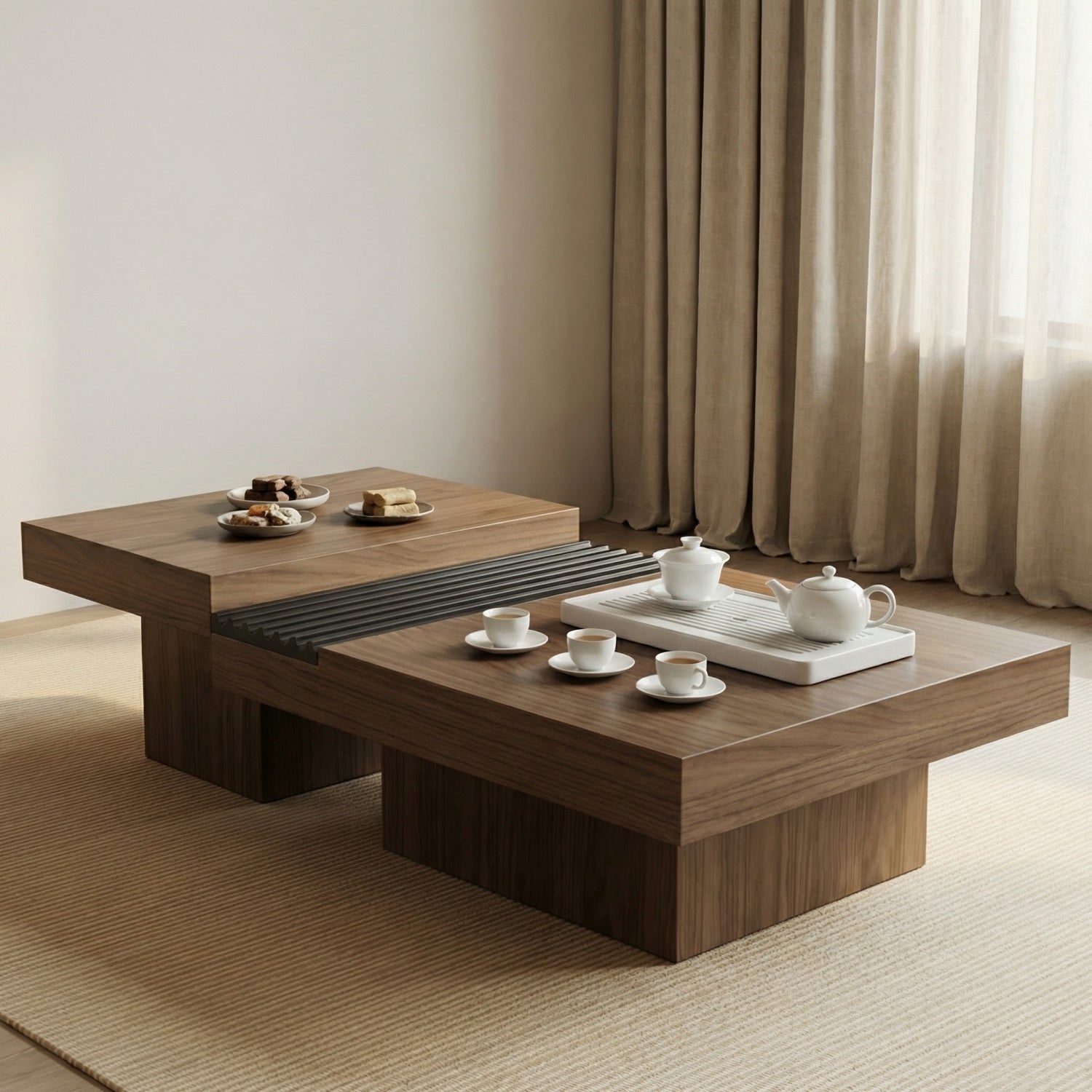 AAF Furniture Square Coffee Table Set Walnut Floating Storage 2-Piece UAE