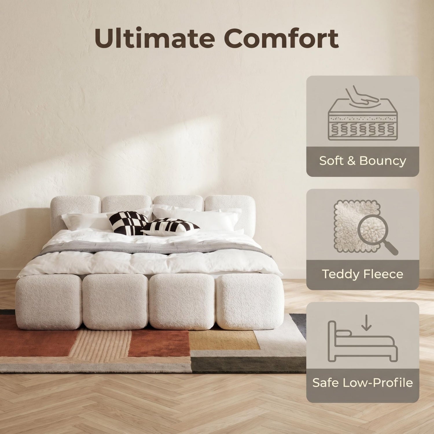 AAF Sherpa Cloud Block Bed Frame Cream Beige Storage Option UAE