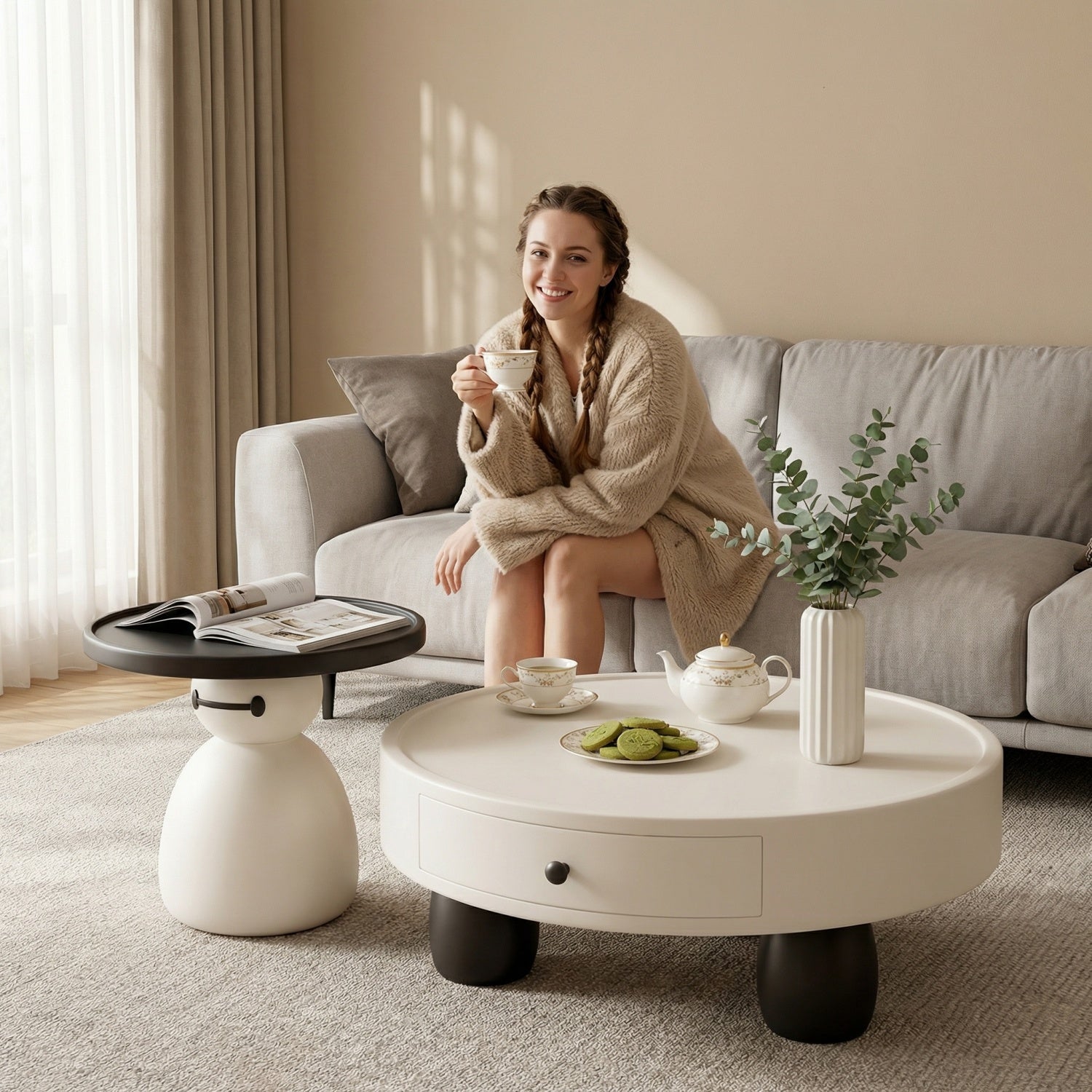 AAF Furniture Snowman Coffee Table Set White Black 2-Piece Drawer UAE