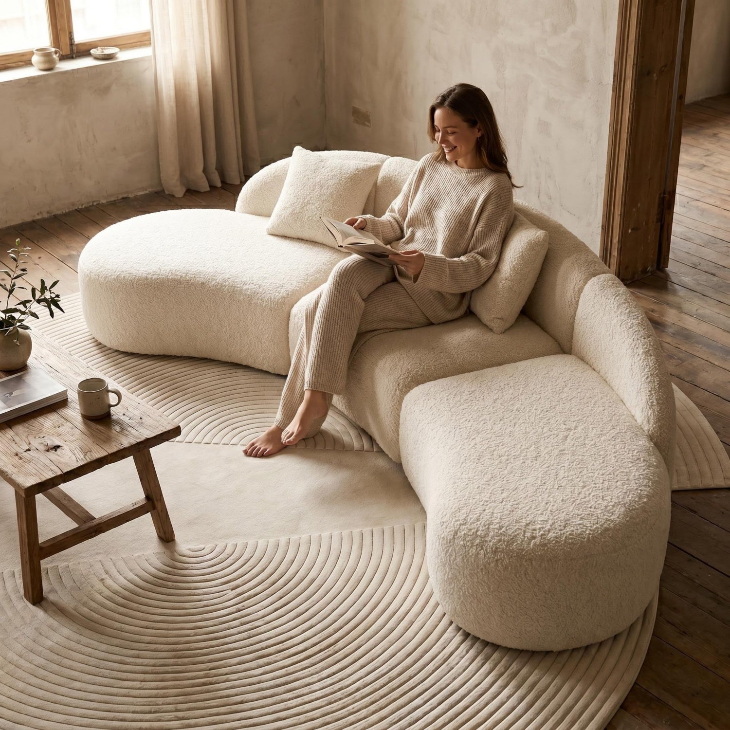 AAF Teddy Fleece C-Shape Curved Sofa Cream Beige 2-7 Seat UAE