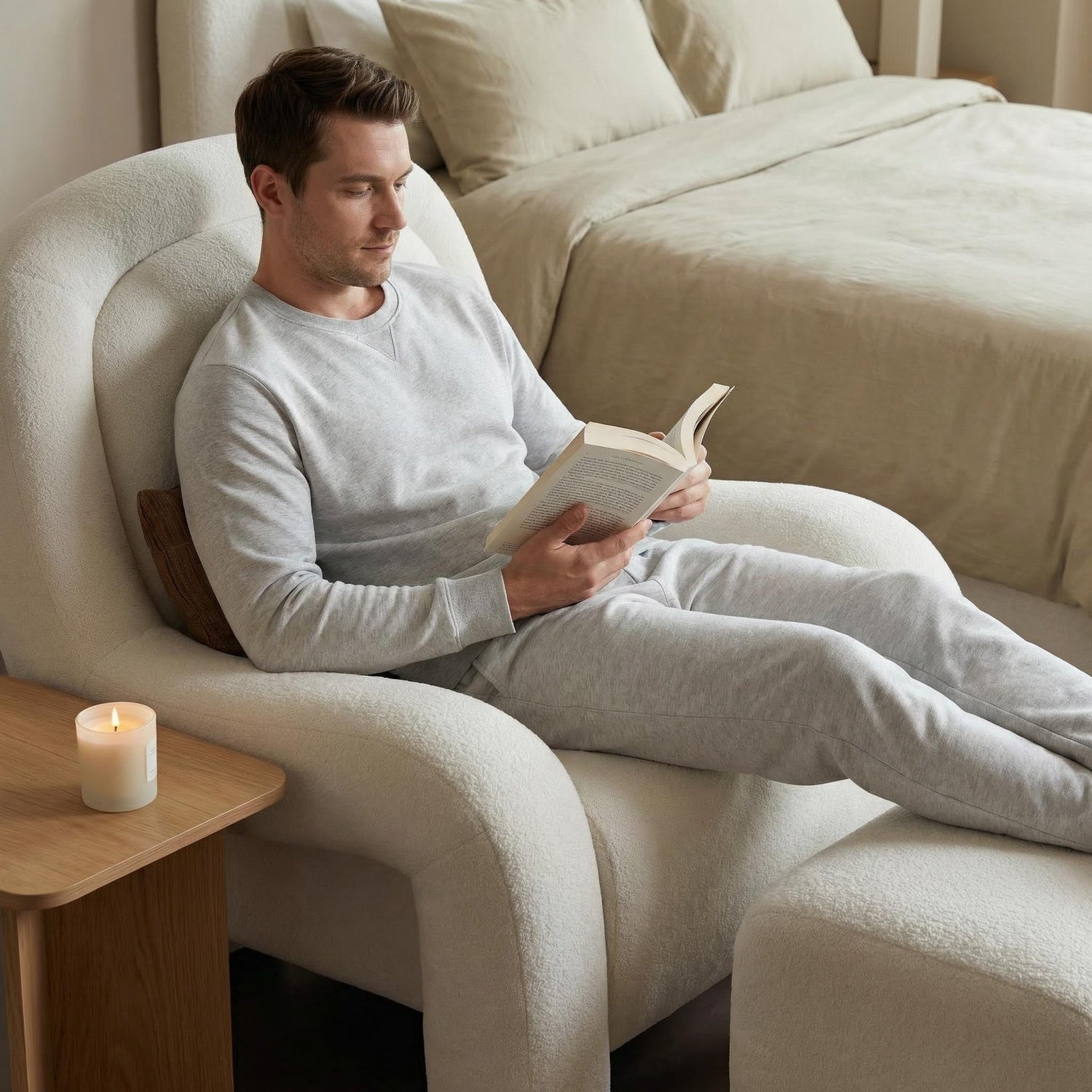 AAF Sherpa Fleece Armchair Arc Armrest Off White with Cushion UAE