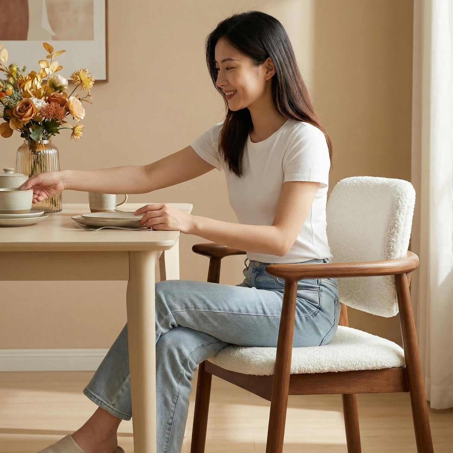 AAF Wood Frame Sherpa Chair Cream - Arc Armrest Dining Accent UAE