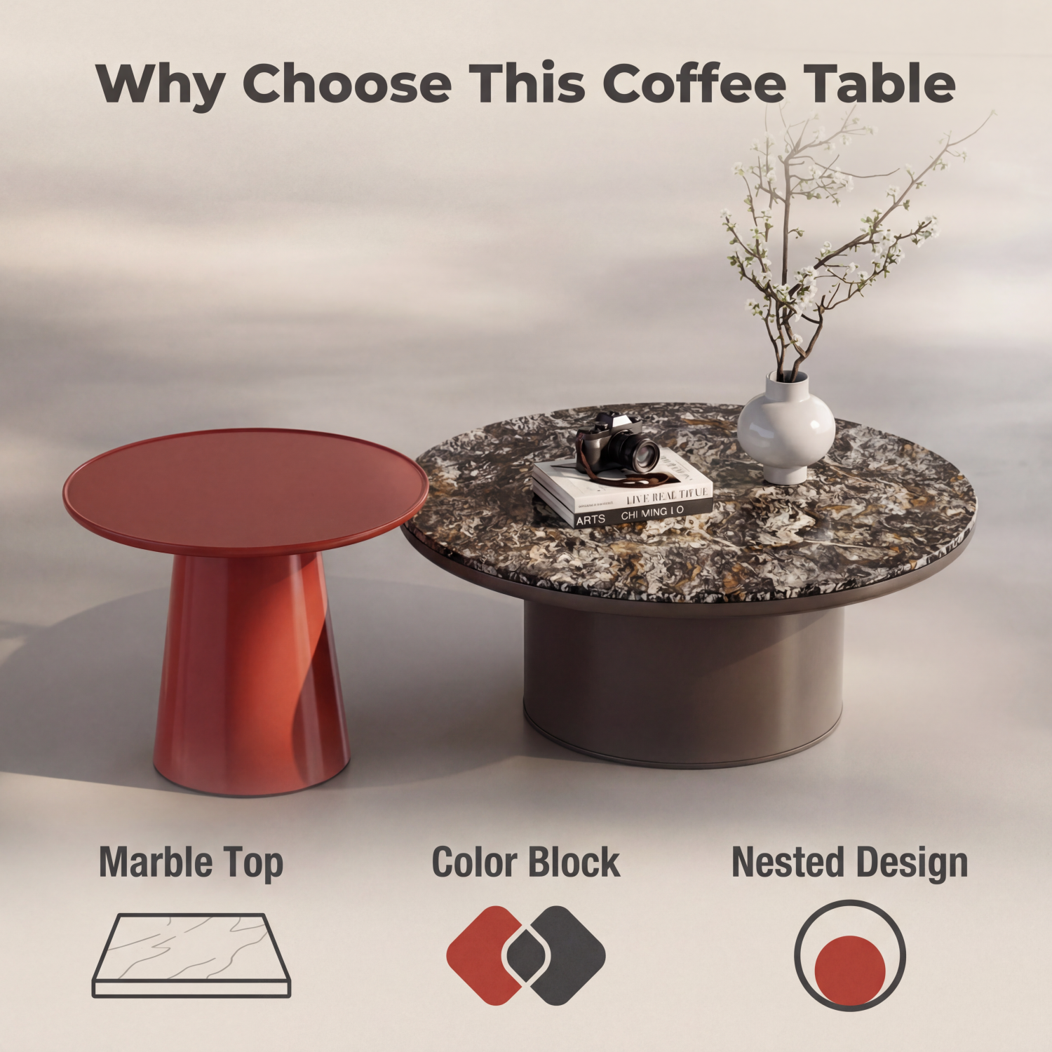 AAF Furniture Marble Coffee Table Set Red Grey 2-Piece Luxury UAE