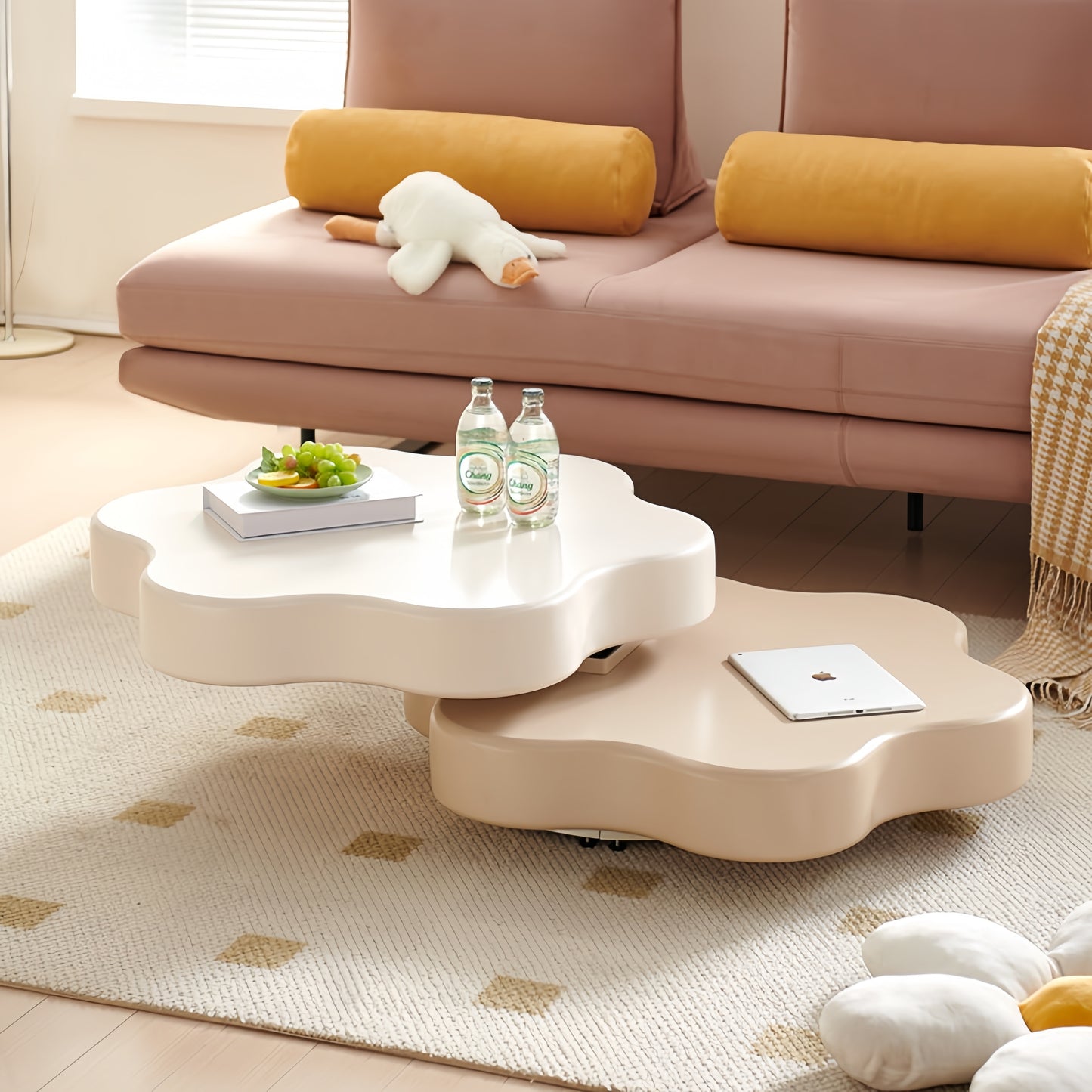 AAF FURNITURE Cream-style Coffee Table, Cute White Modern Tea Table, Irregular Indoor End Table for Living Room