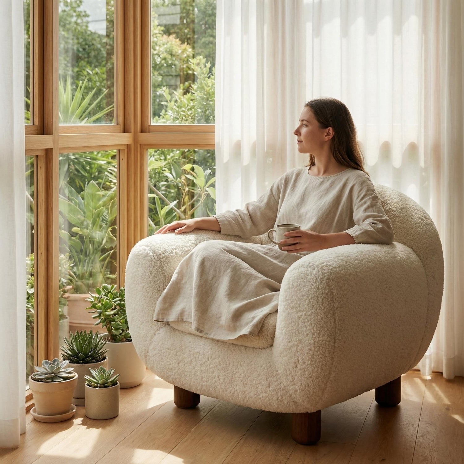 AAF Sherpa Fleece Accent Chair Rounded Off White Walnut Feet UAE