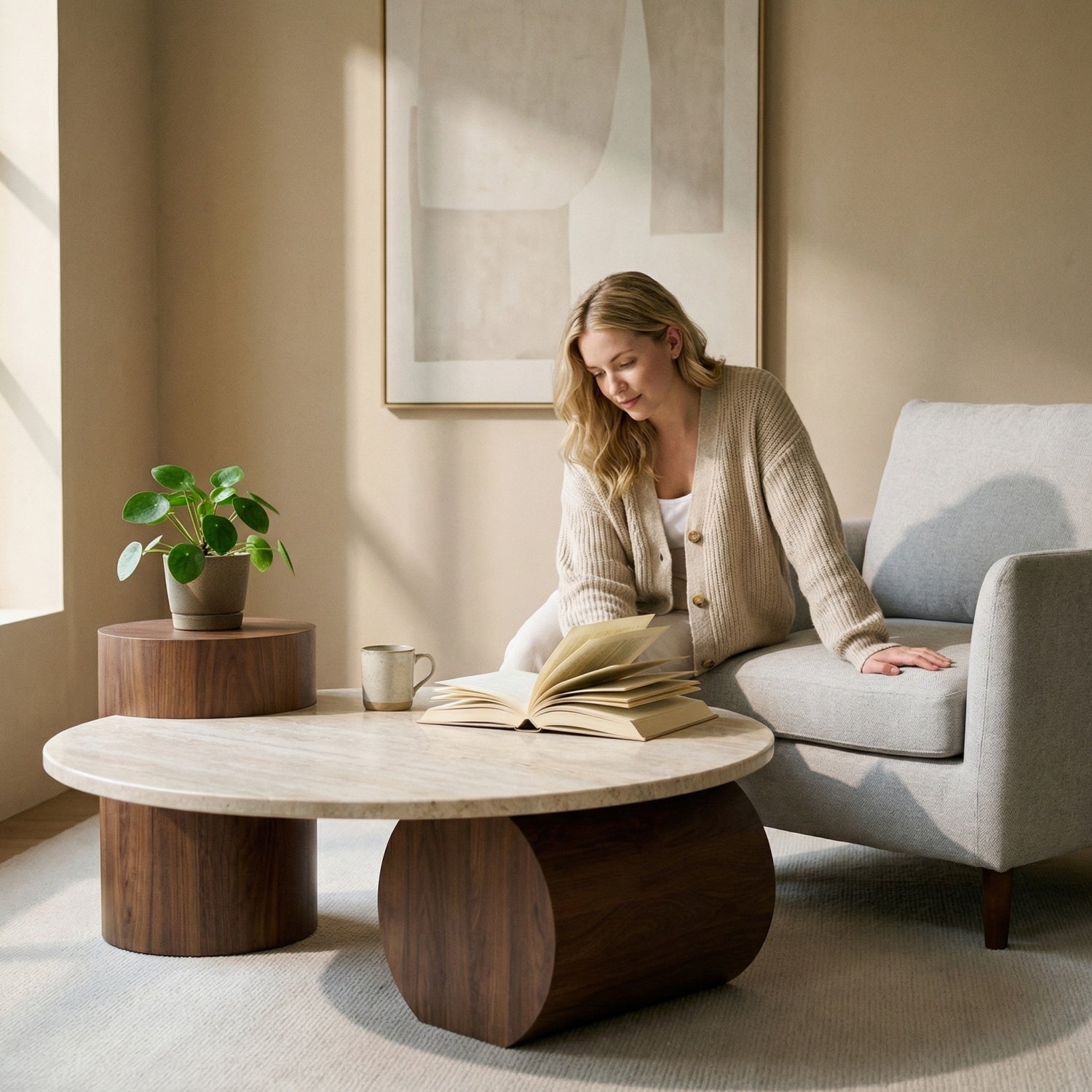 AAF Furniture Travertine Sintered Stone Coffee Table Set Walnut Column 2-Piece UAE