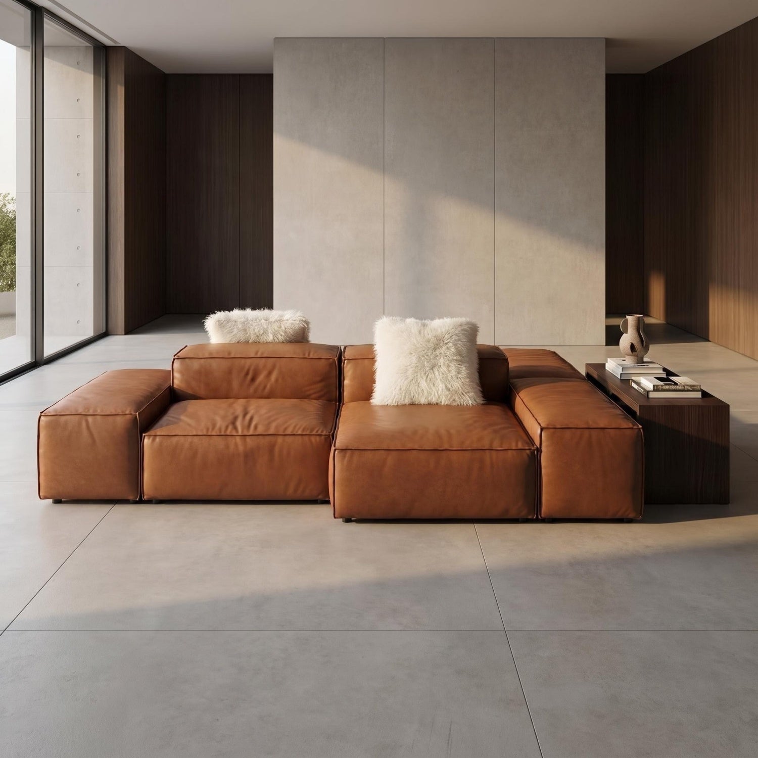 AAF Modular Leather Sofa Caramel Brown Geometric Sectional UAE