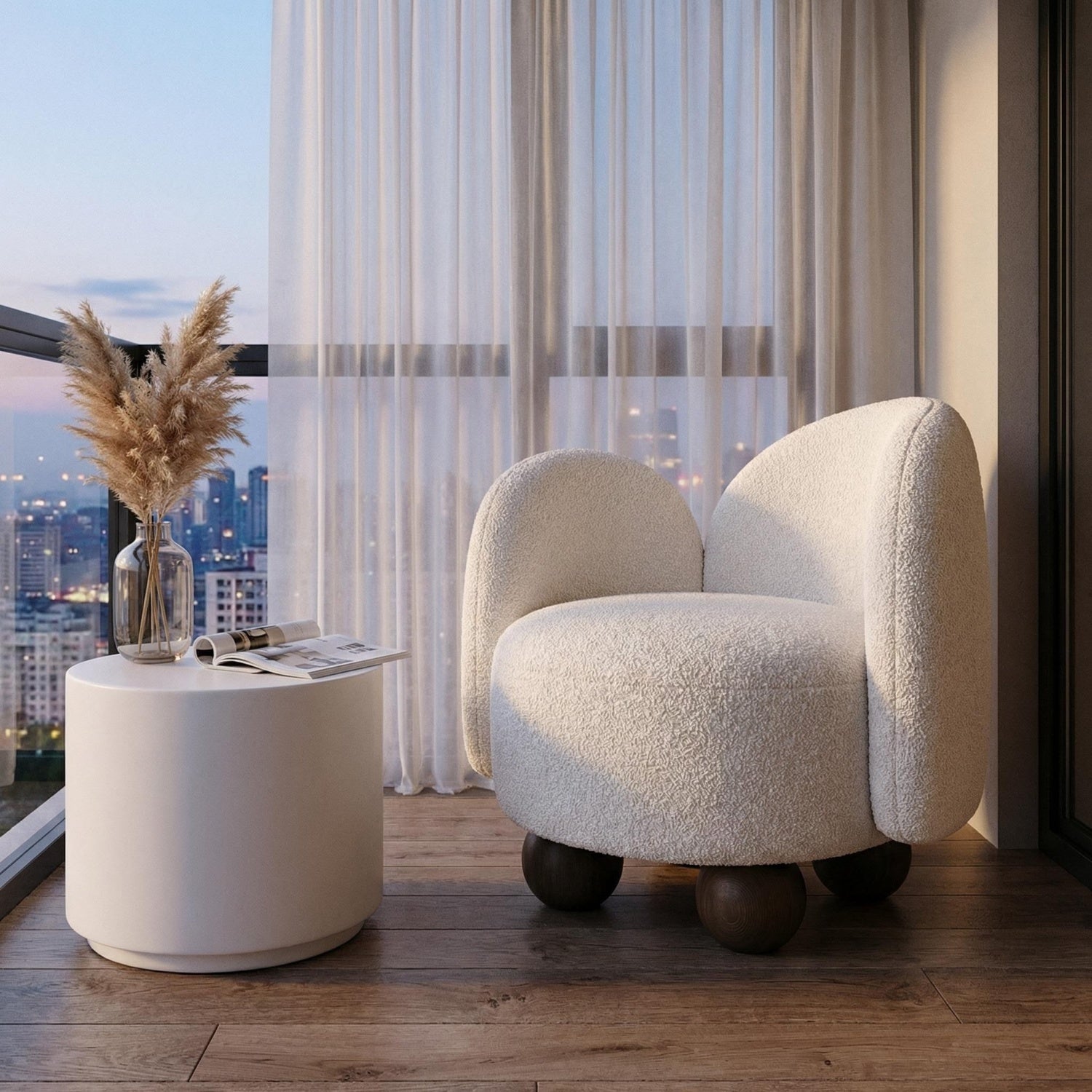 AAF Sherpa Fleece Accent Chair Dual Back Off White Walnut UAE