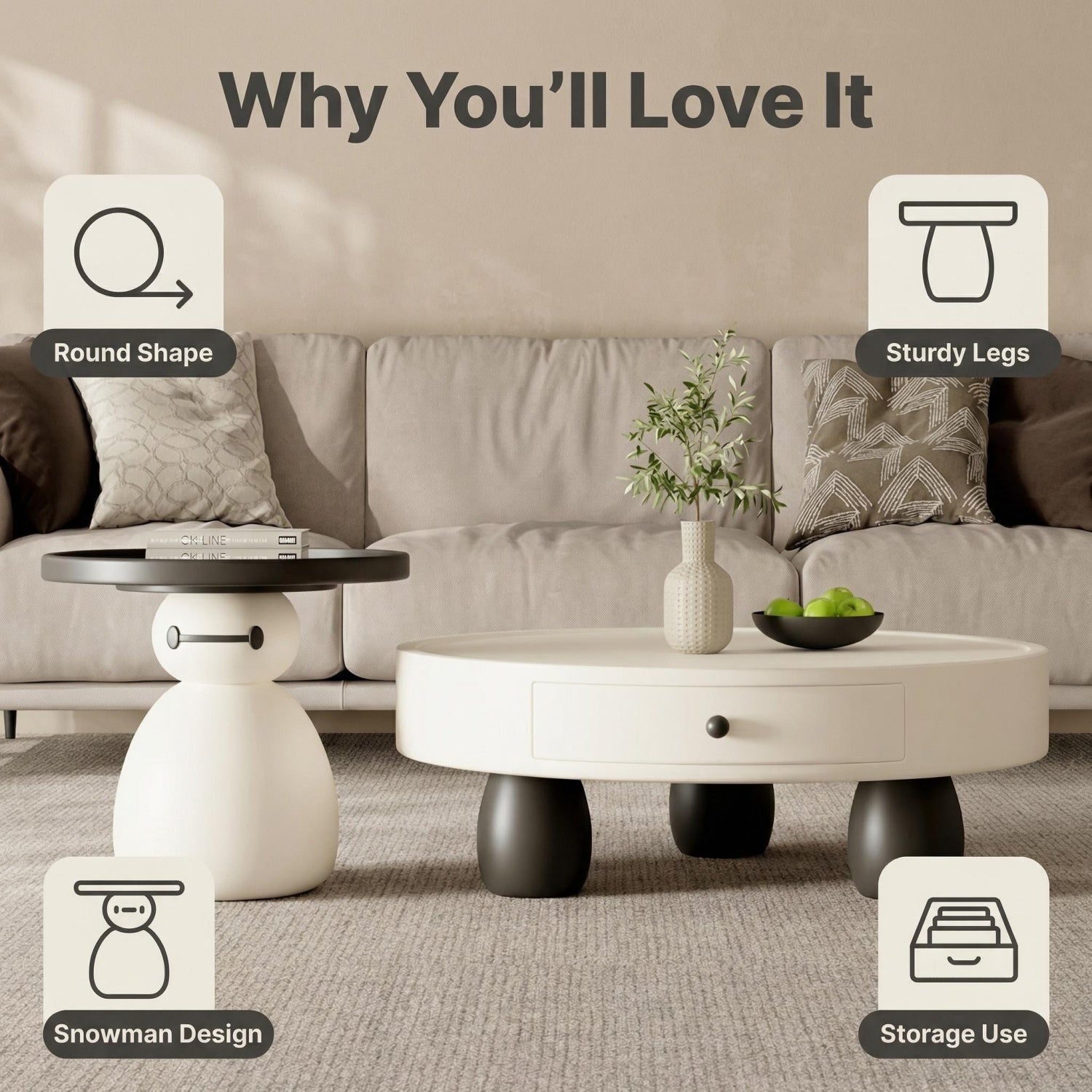 AAF Furniture Snowman Coffee Table Set White Black 2-Piece Drawer UAE