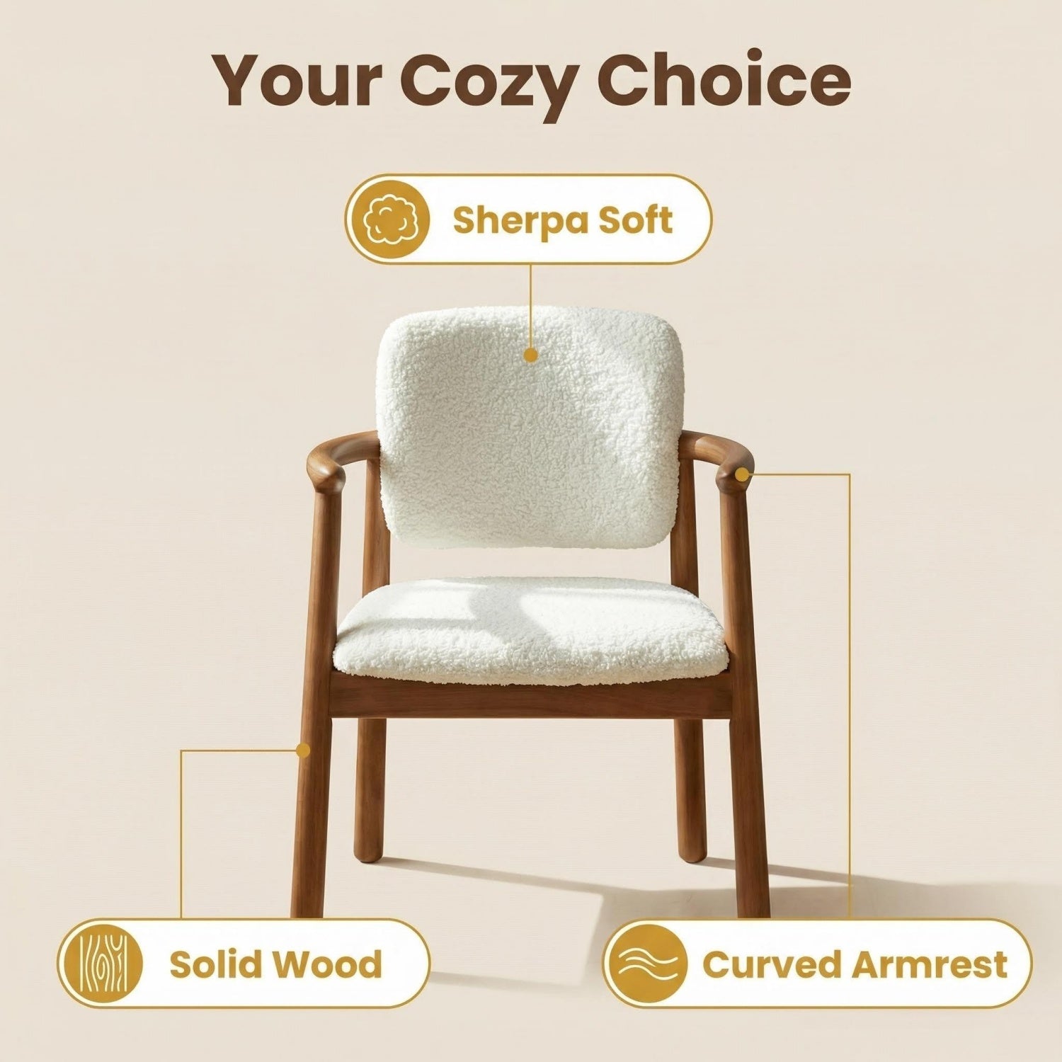 AAF Wood Frame Sherpa Chair Cream - Arc Armrest Dining Accent UAE