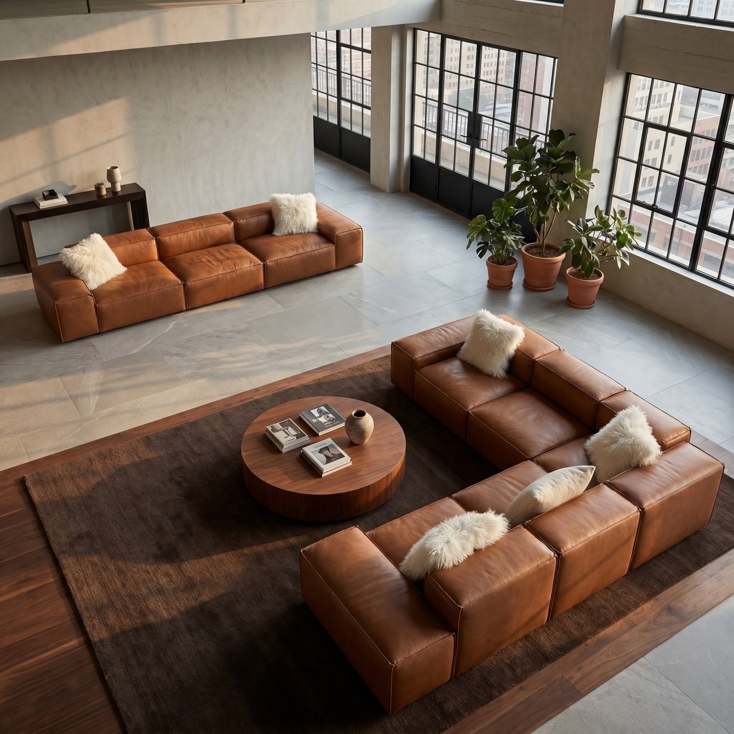 AAF Modular Leather Sofa Caramel Brown Geometric Sectional UAE
