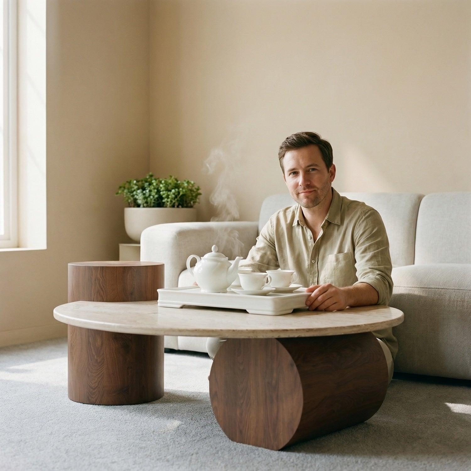 AAF Furniture Travertine Sintered Stone Coffee Table Set Walnut Column 2-Piece UAE