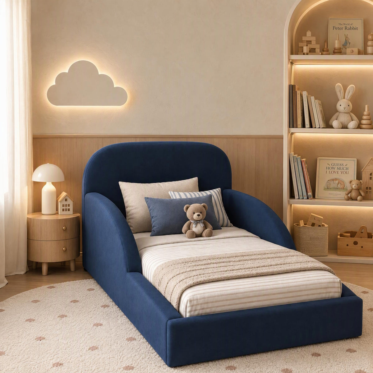 AAF Navy Blue Upholstered Sofa Kids Bed Frame with Side Rails