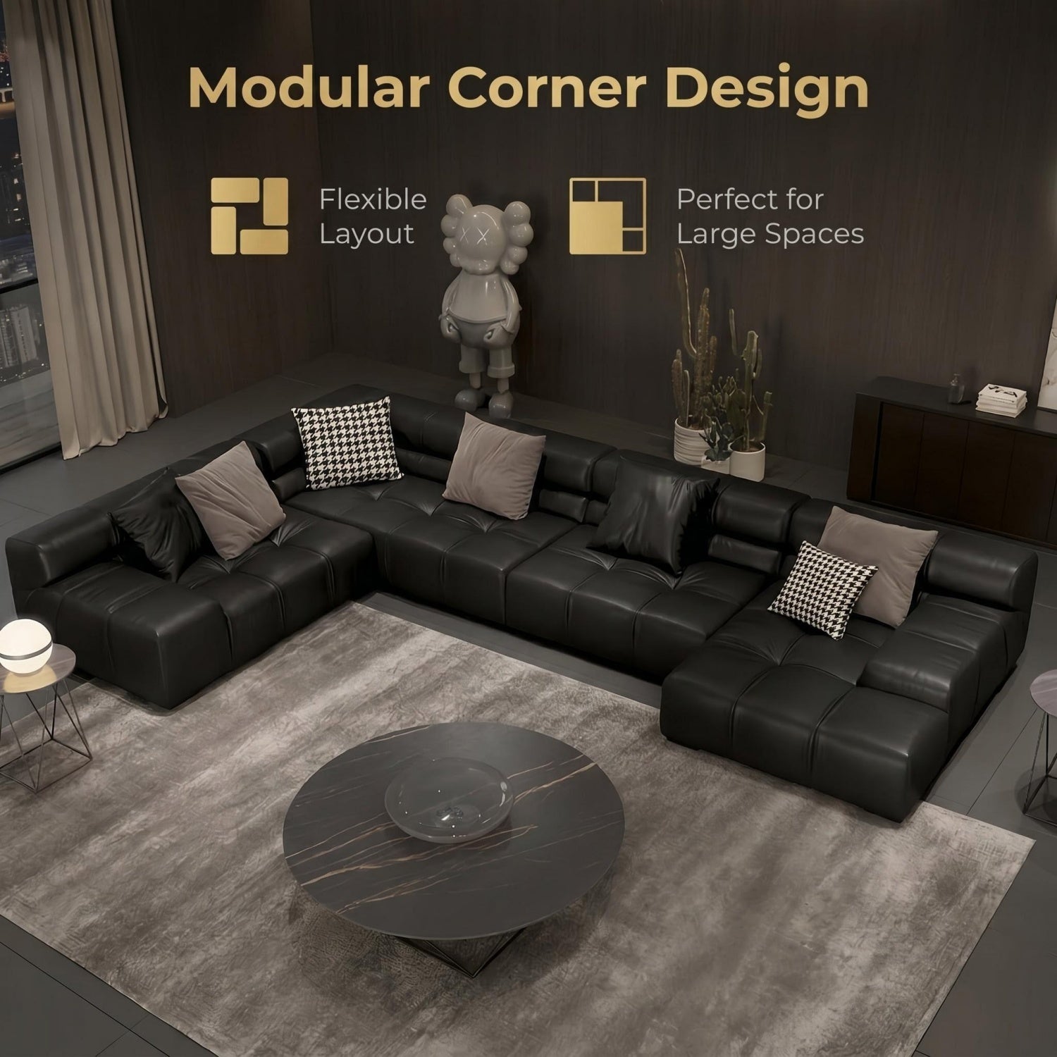 AAF Modular Black Leather Tufted Sectional Sofa Italian UAE