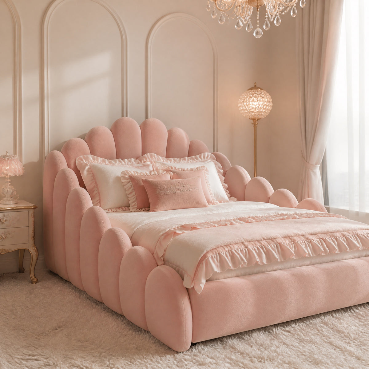 AAF Fleece Scalloped Curved Soft Upholstered Fabric Kids Safety Bed