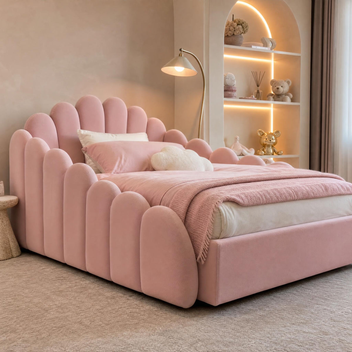 AAF Fleece Scalloped Curved Soft Upholstered Fabric Kids Safety Bed