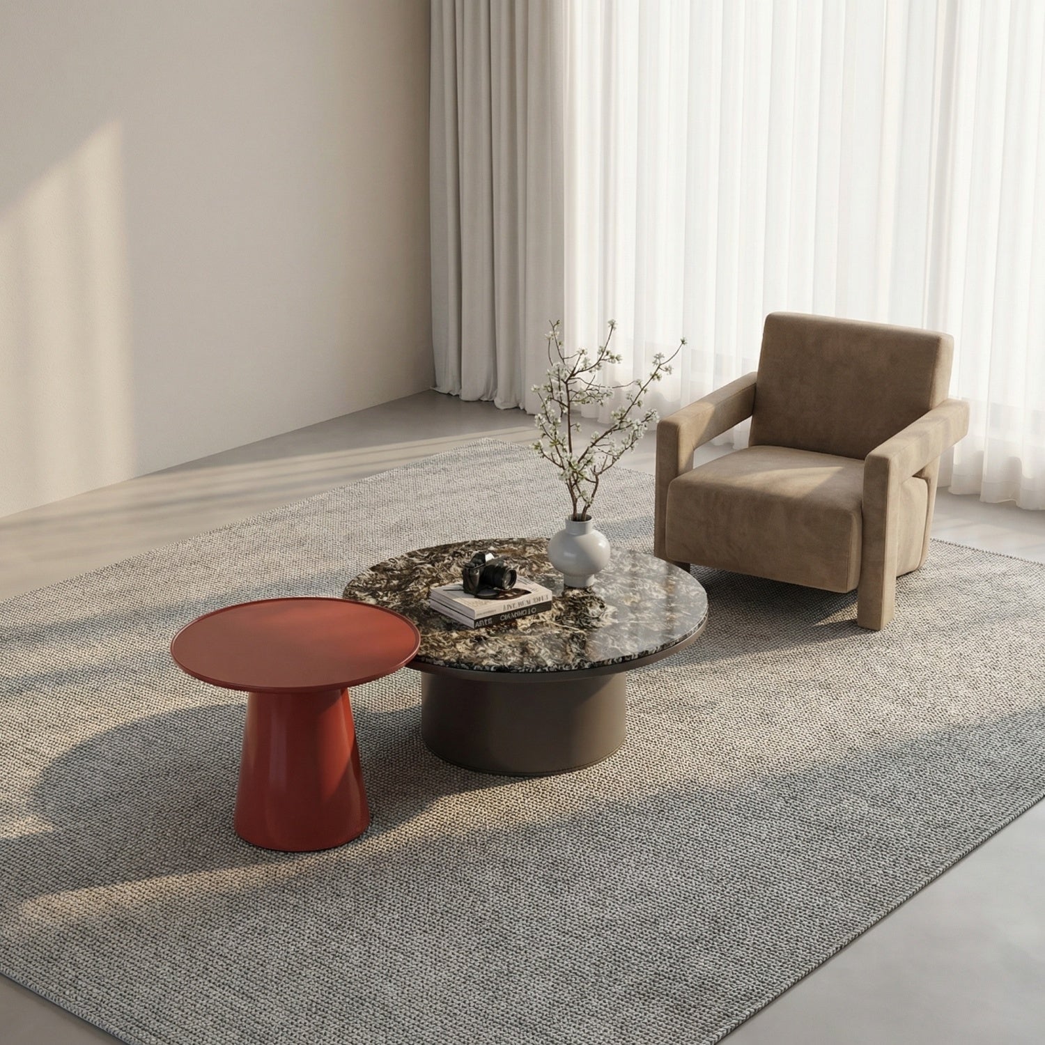 AAF Furniture Marble Coffee Table Set Red Grey 2-Piece Luxury UAE