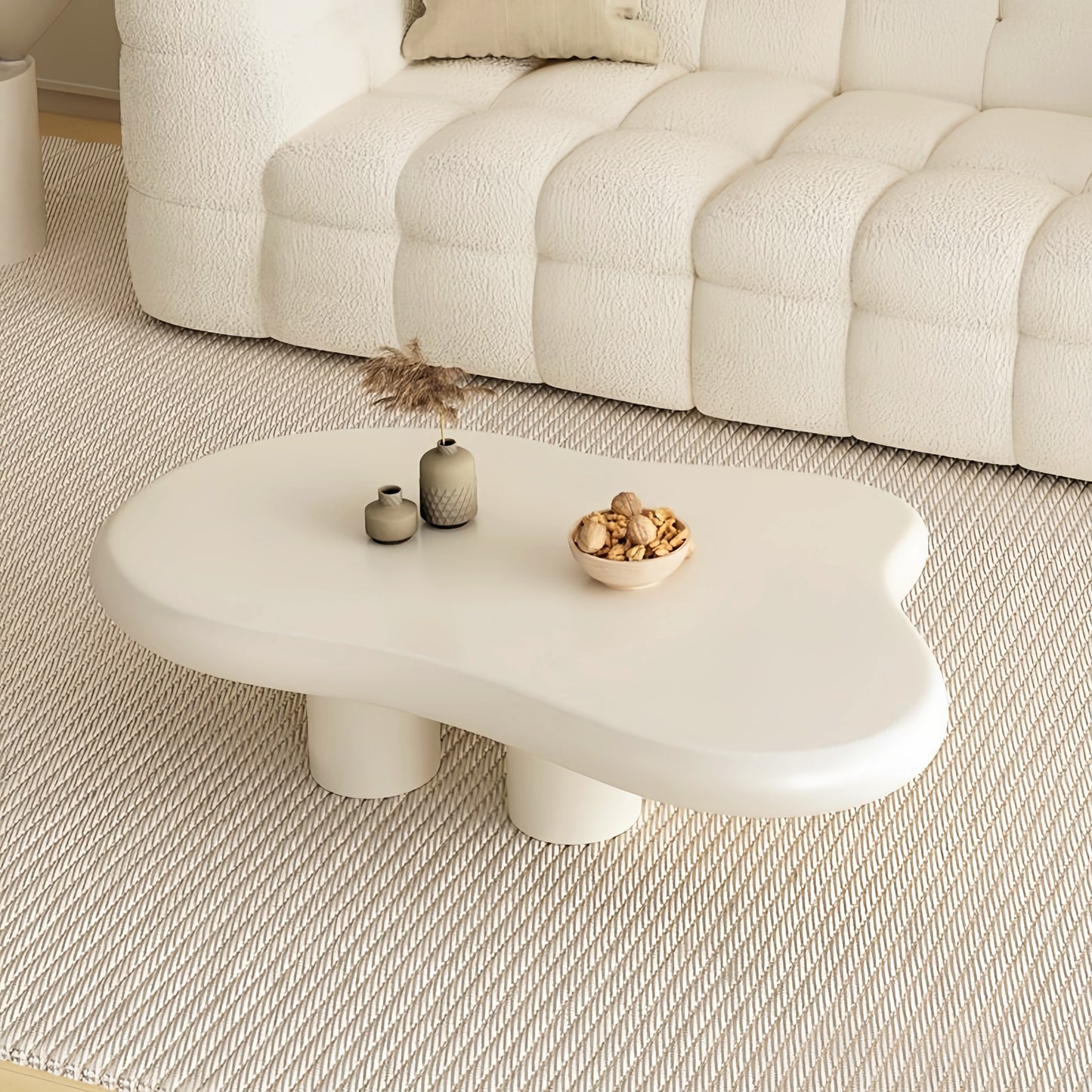 AAF FURNITURE Cream-style Coffee Table, Cute White Modern Tea Table, Irregular Indoor End Table for Living Room