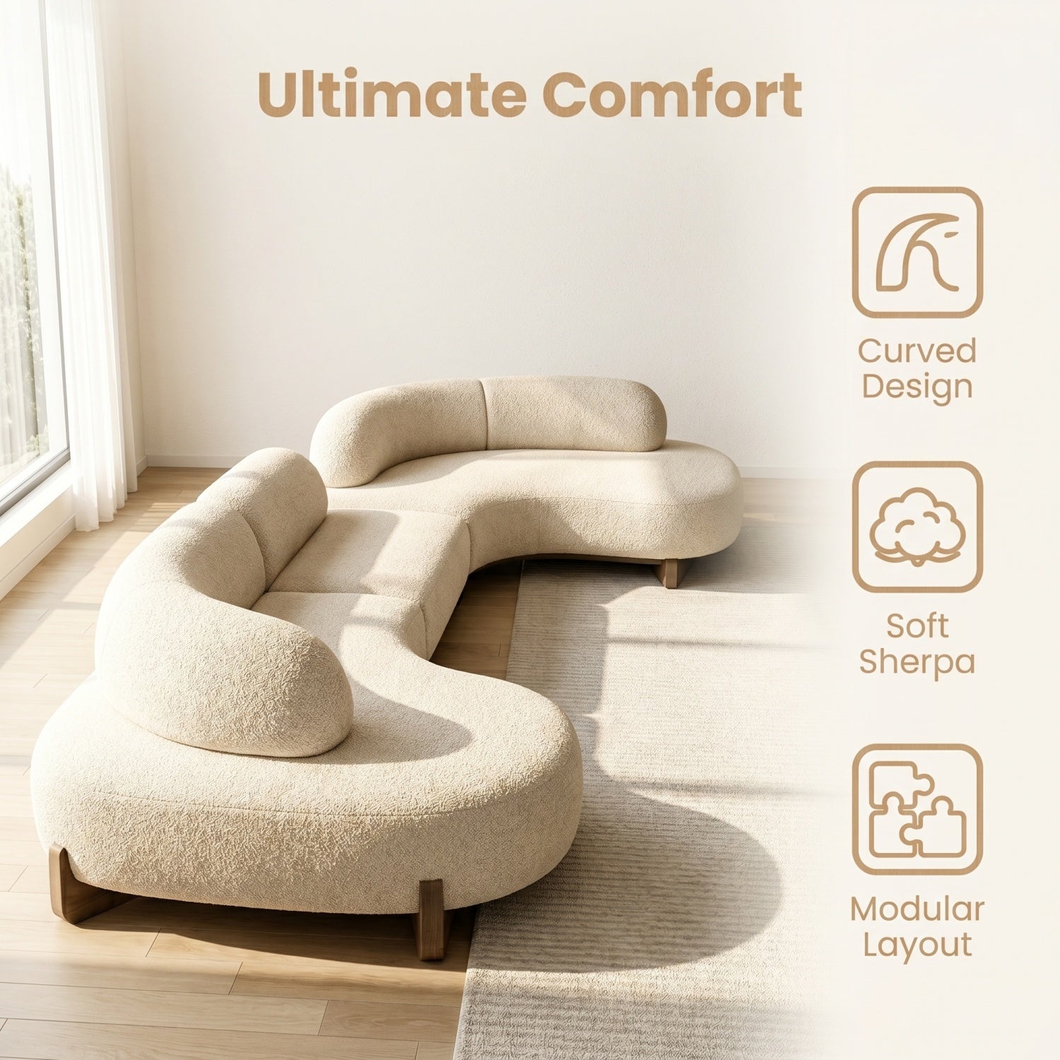 AAF Sherpa Arc Sofa Cream Walnut Wood Legs 4-6 Seat Japandi UAE