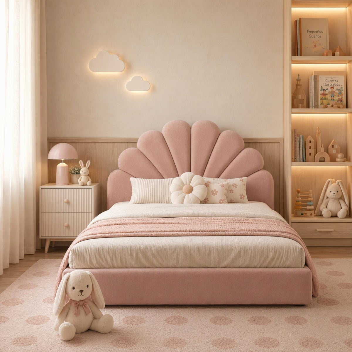 AAF Pink Velvet Shell Scallop Headboard Kids Bed Frame