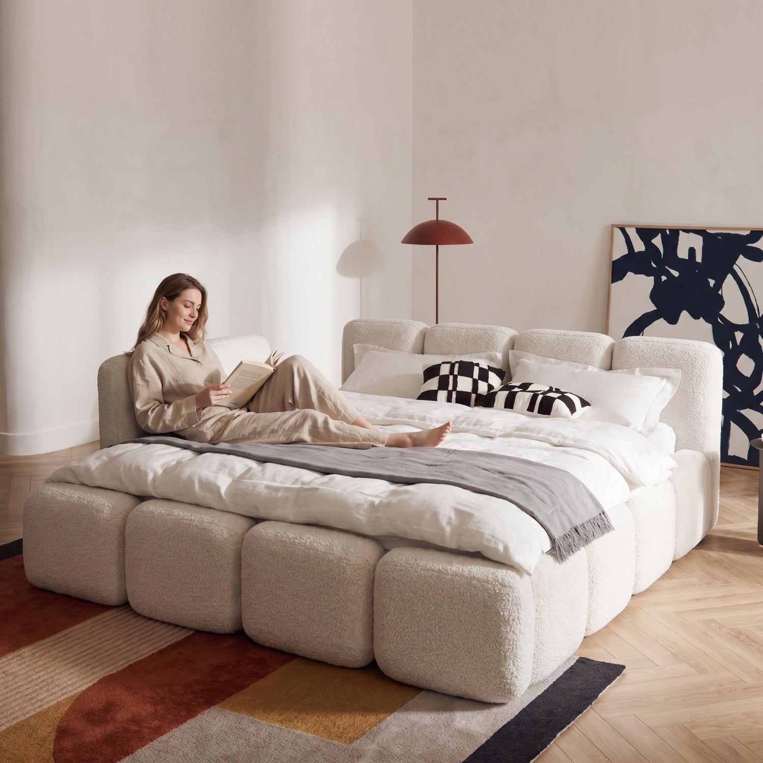 AAF Sherpa Cloud Block Bed Frame Cream Beige Storage Option UAE