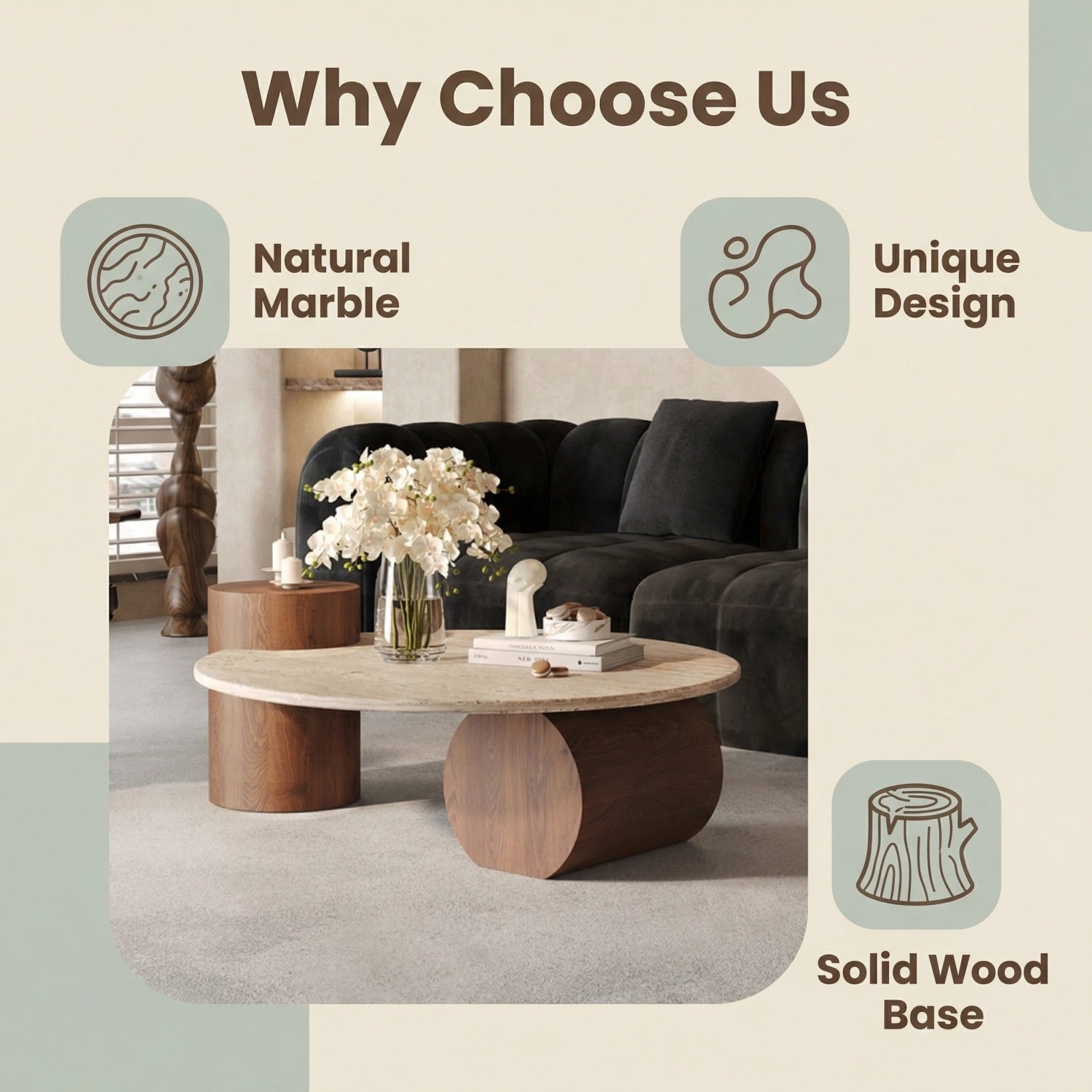 AAF Furniture Travertine Sintered Stone Coffee Table Set Walnut Column 2-Piece UAE