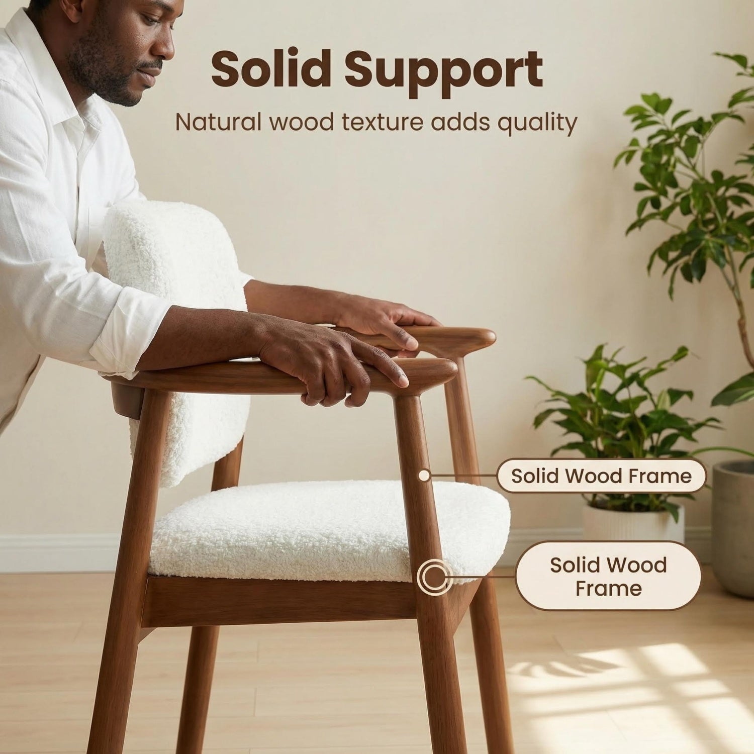 AAF Wood Frame Sherpa Chair Cream - Arc Armrest Dining Accent UAE
