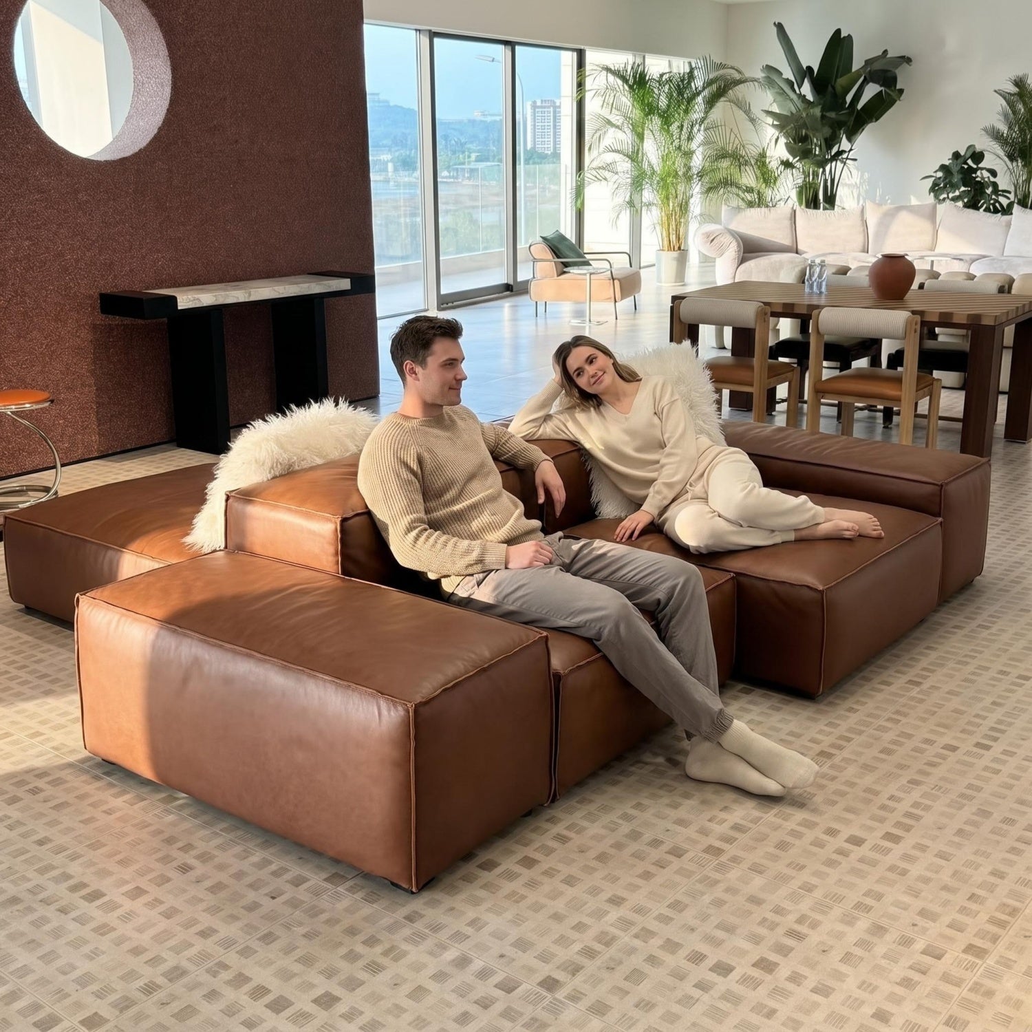 AAF Modular Leather Sofa Caramel Brown Geometric Sectional UAE