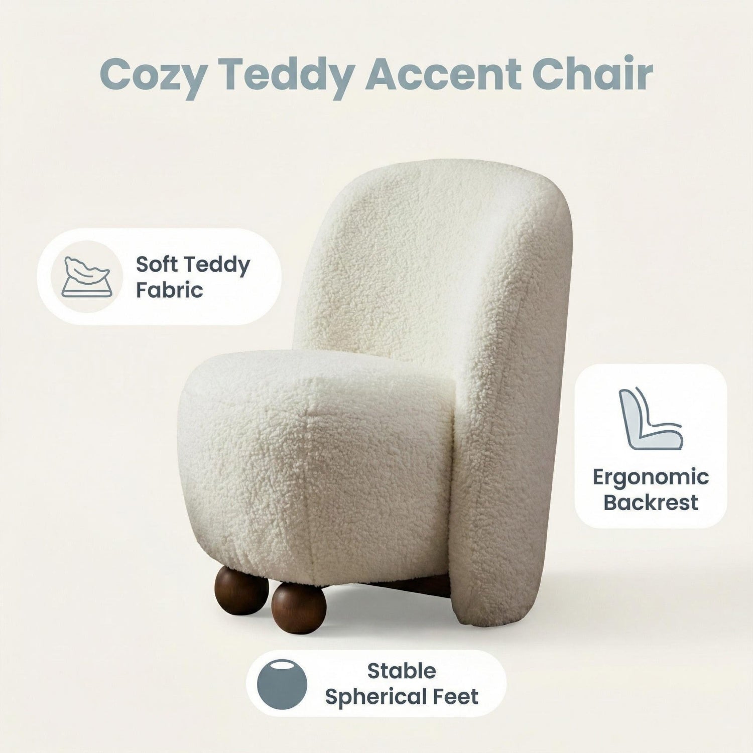 AAF Sherpa Fleece Armchair Round Walnut Wood Feet Off White UAE