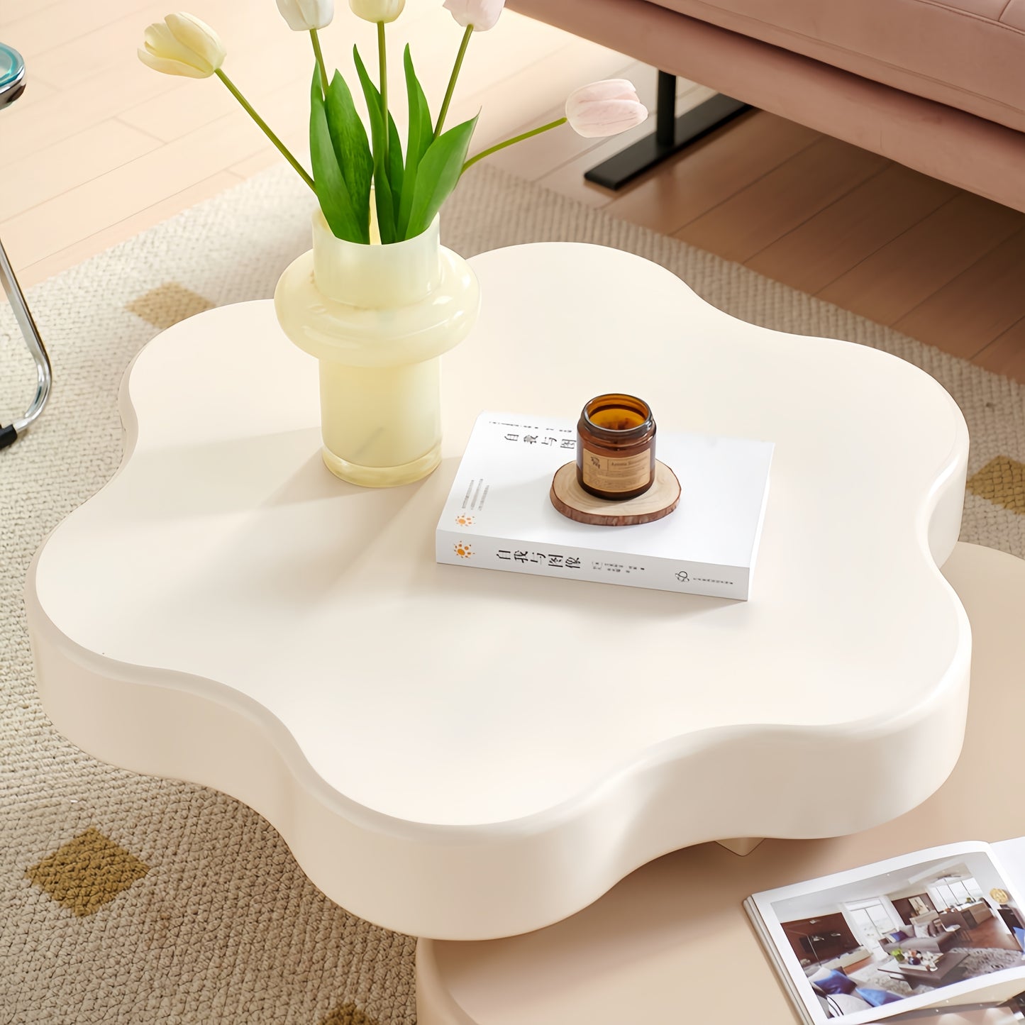 AAF FURNITURE Cream-style Coffee Table, Cute White Modern Tea Table, Irregular Indoor End Table for Living Room