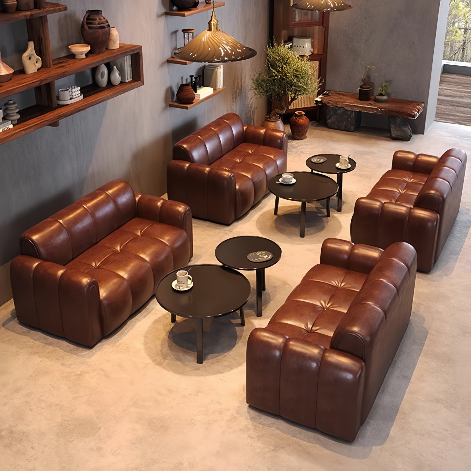 AAF Modern Bubble Tufted Leather Lounge Sofa Table Set