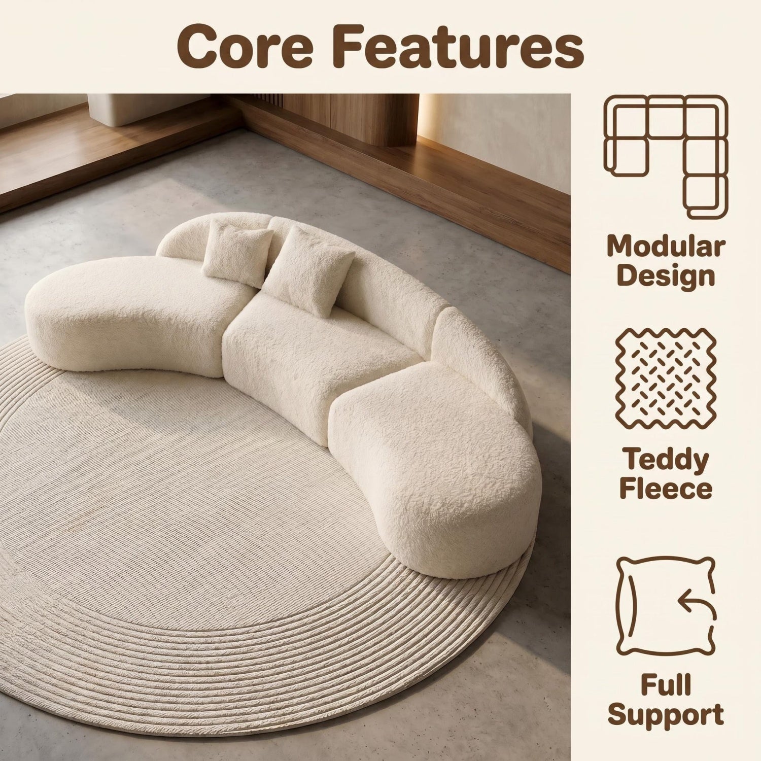 AAF Teddy Fleece C-Shape Curved Sofa Cream Beige 2-7 Seat UAE
