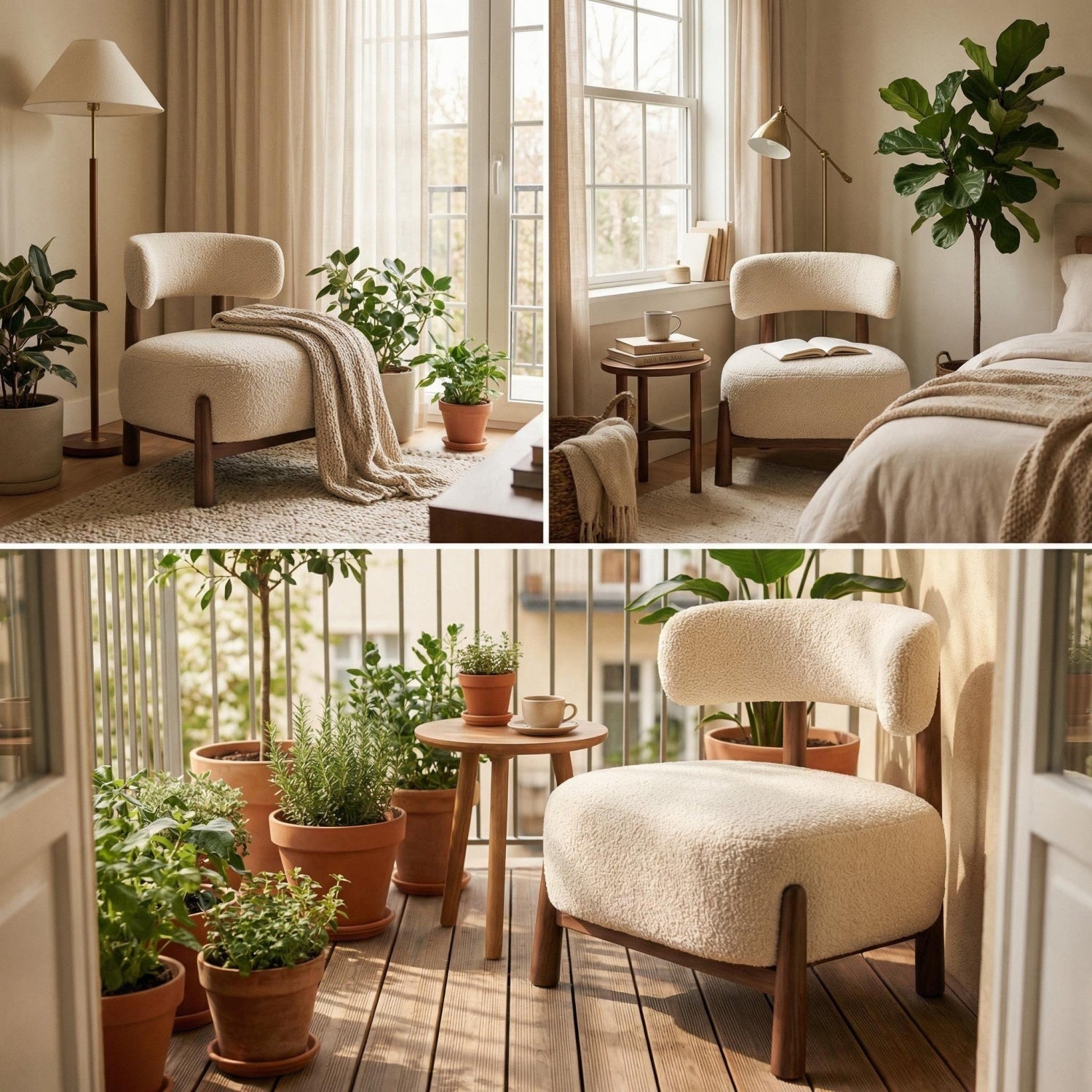 AAF Sherpa Fleece Armchair Walnut Wood Frame Off White UAE