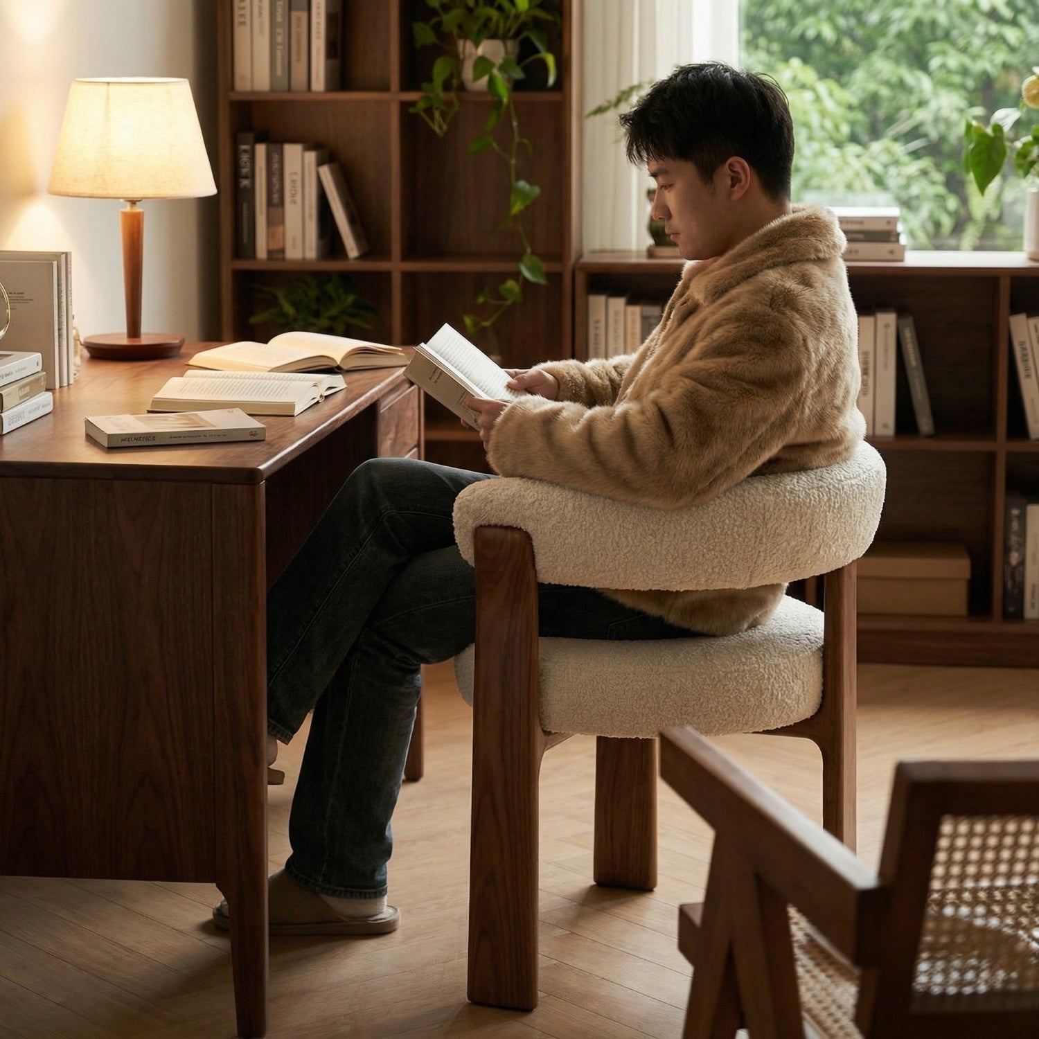 AAF Dark Wood Sherpa Chair Cream Nordic UAE