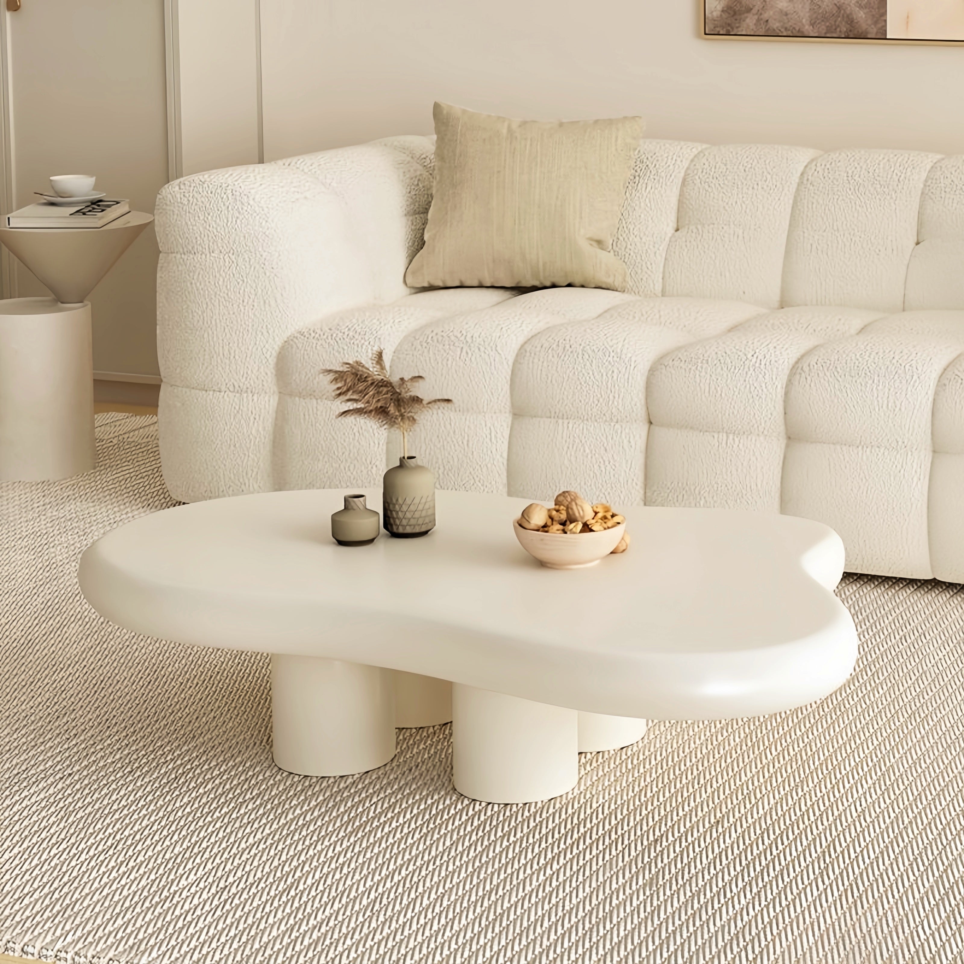 AAF FURNITURE Cream-style Coffee Table, Cute White Modern Tea Table, Irregular Indoor End Table for Living Room