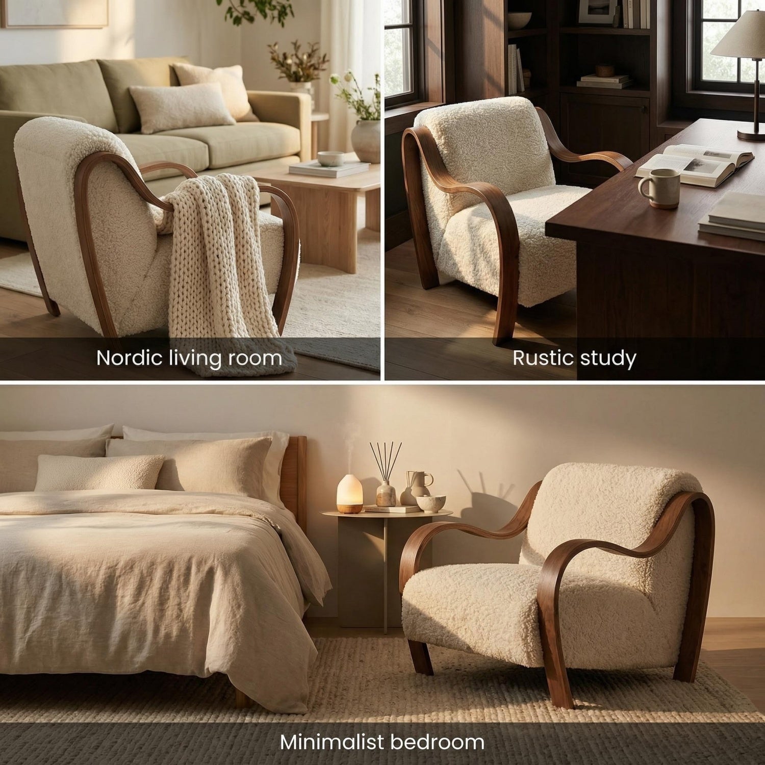 AAF Sherpa Fleece Armchair Dark Metal Armrest Frame Off White UAE