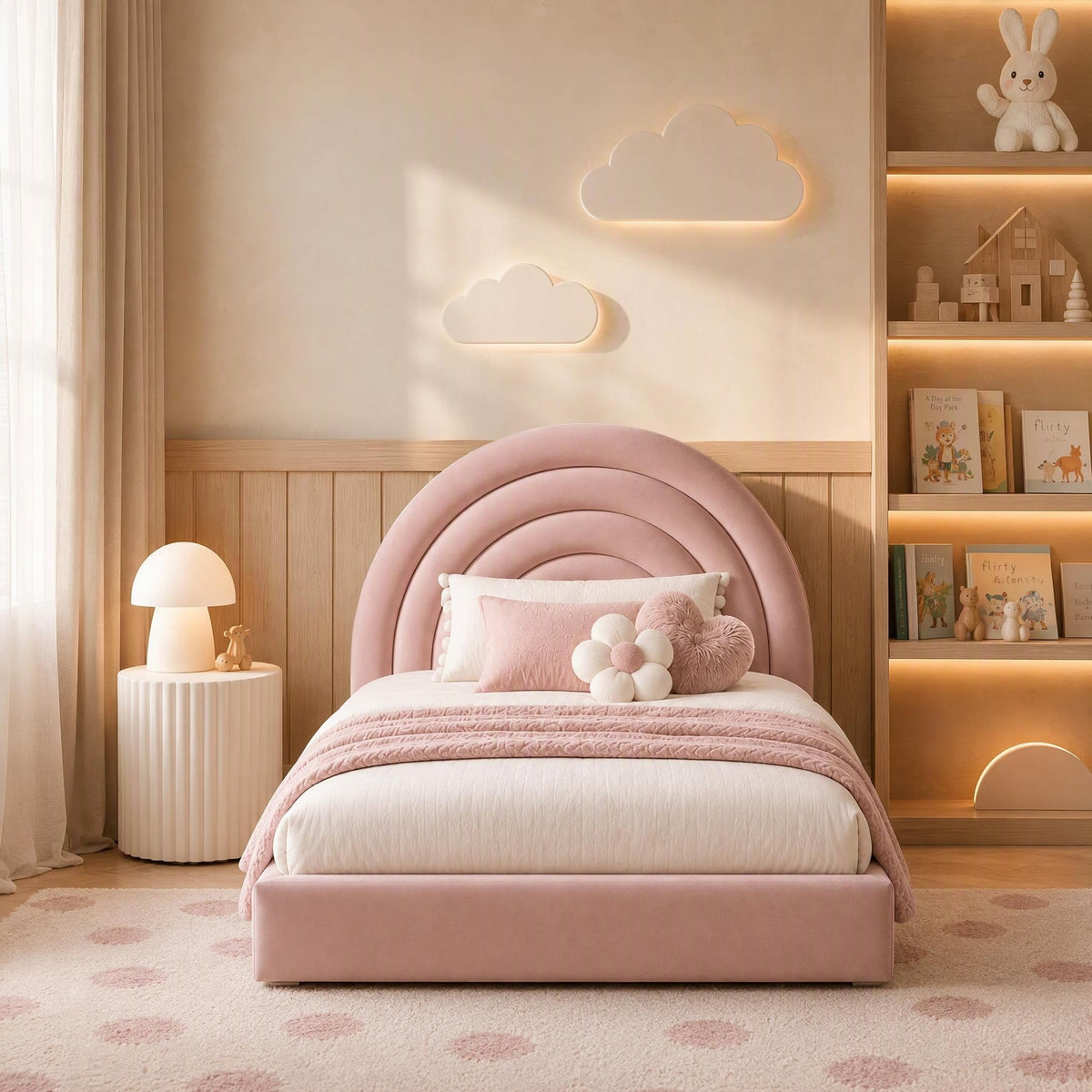 AAF Pink Velvet Rainbow Arch Headboard Kids Bed Frame