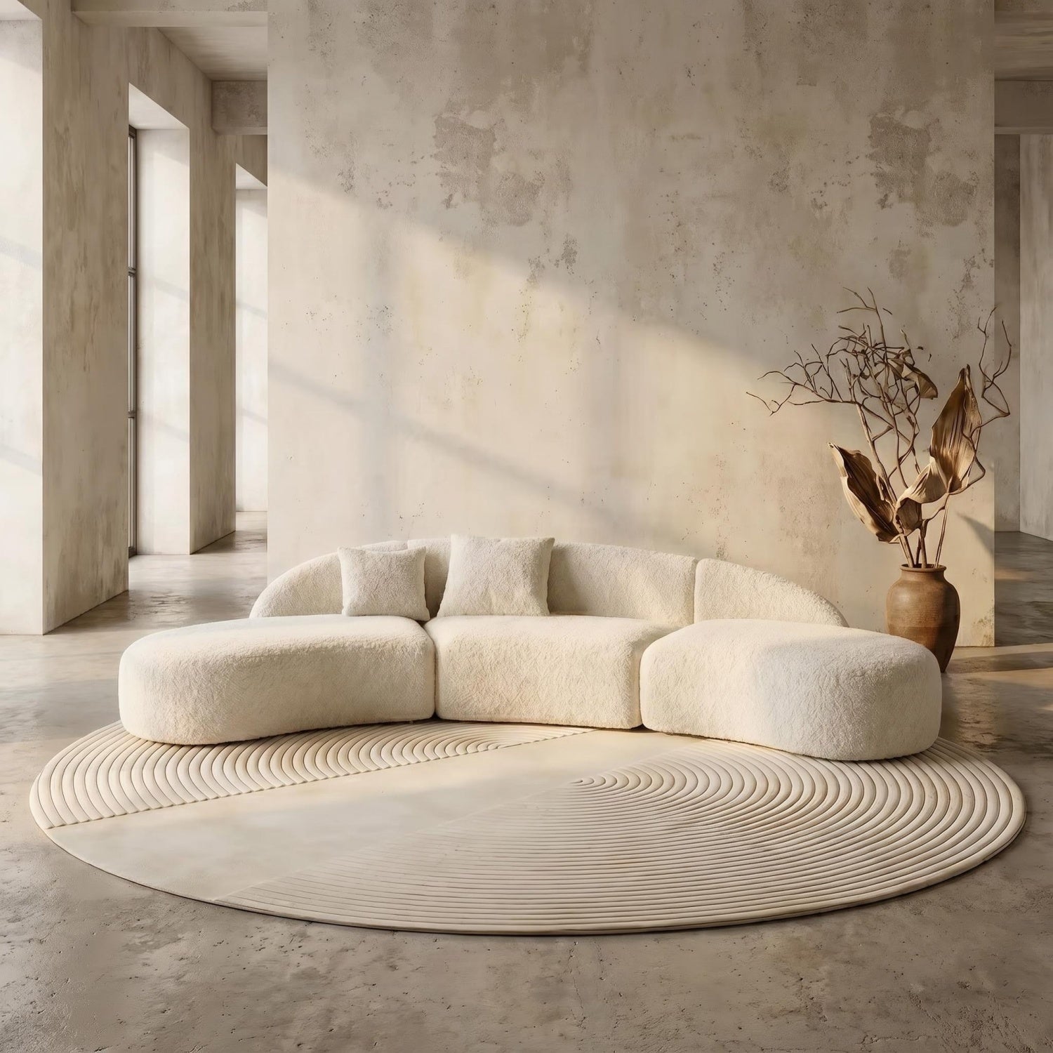 AAF Teddy Fleece C-Shape Curved Sofa Cream Beige 2-7 Seat UAE