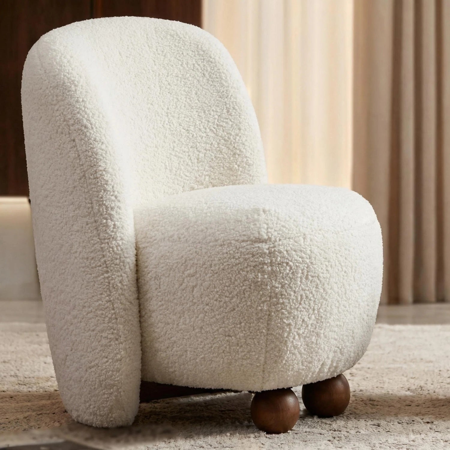 AAF Sherpa Fleece Armchair Round Walnut Wood Feet Off White UAE