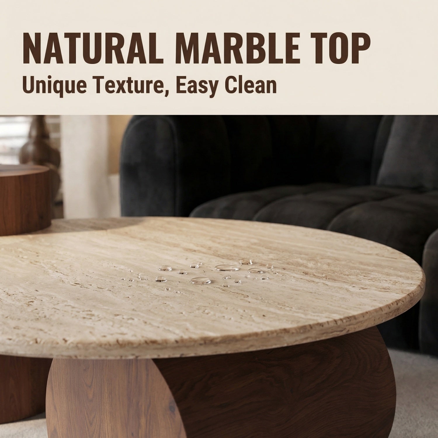 AAF Furniture Travertine Sintered Stone Coffee Table Set Walnut Column 2-Piece UAE