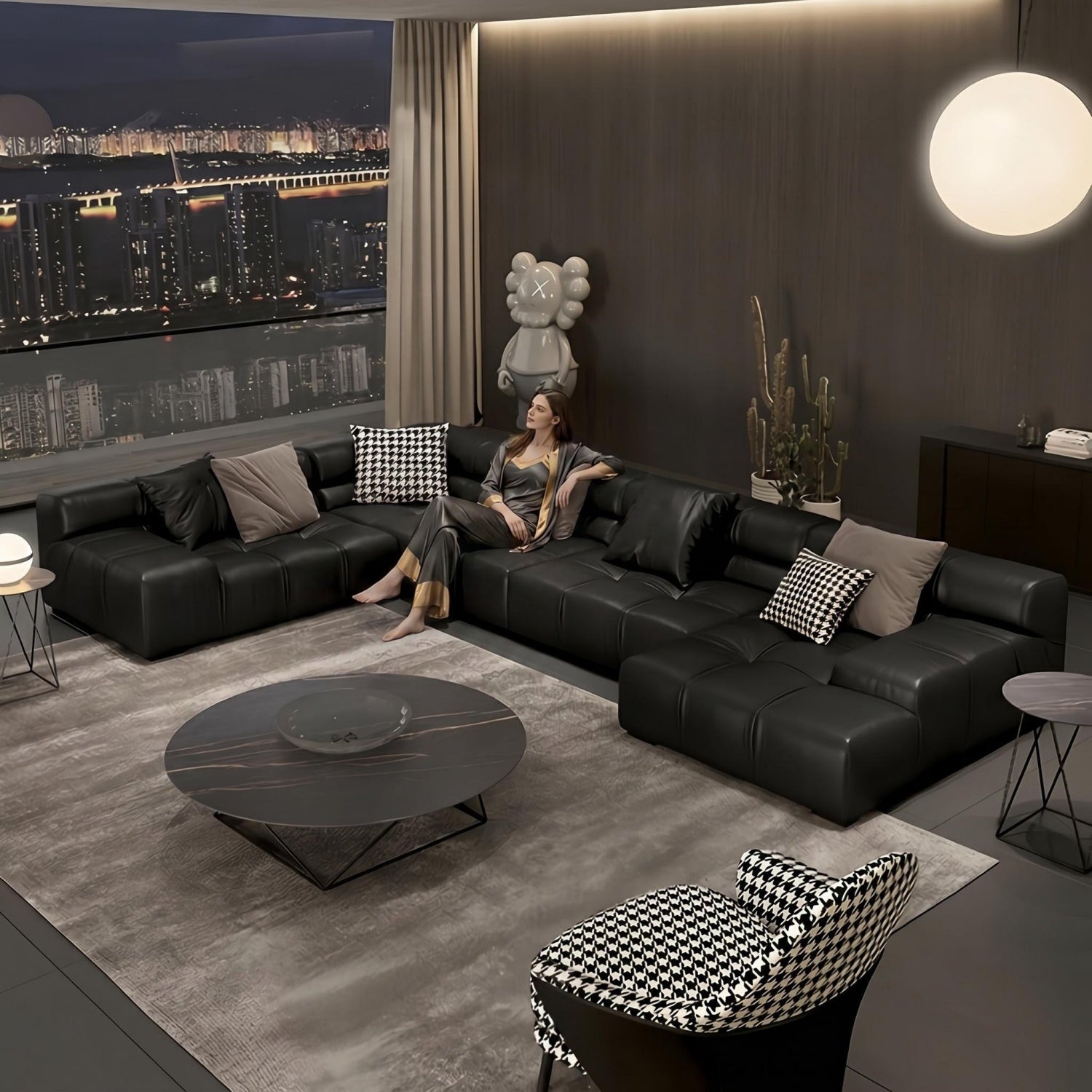 AAF Modular Black Leather Tufted Sectional Sofa Italian UAE