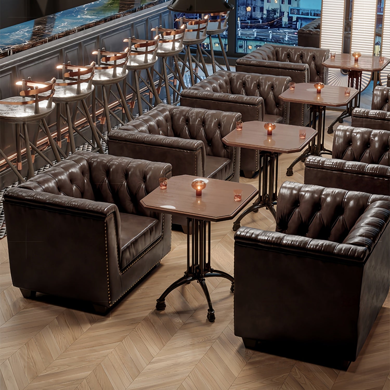 AAF Espresso Chesterfield Lounge Sofa with Matching Wood-Top Table Set