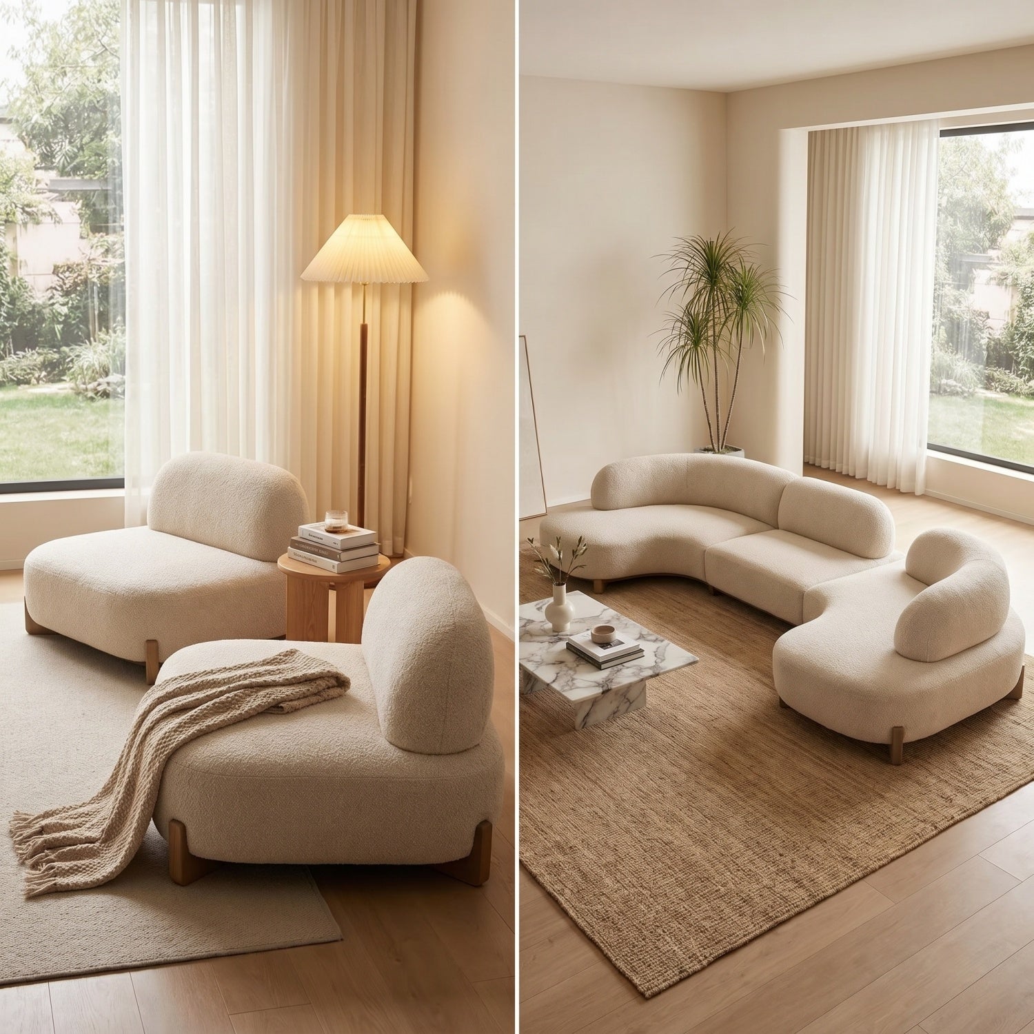 AAF Sherpa Arc Sofa Cream Walnut Wood Legs 4-6 Seat Japandi UAE